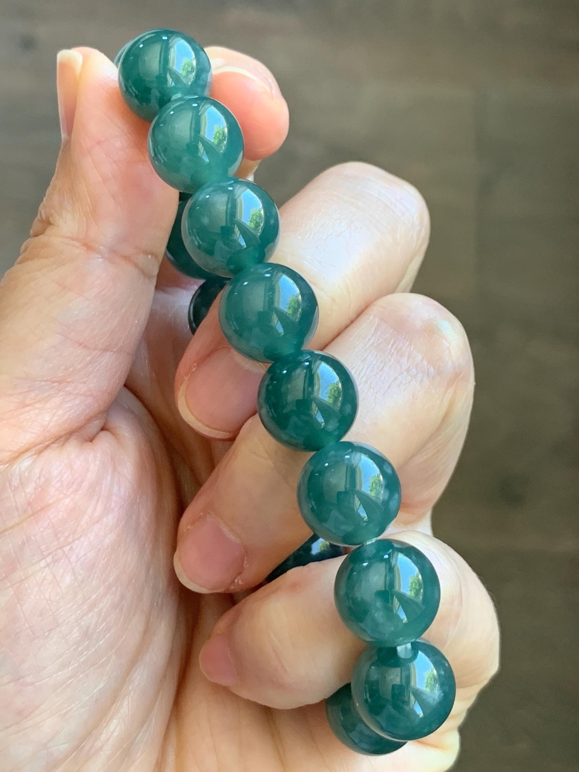 Natural Guatemalan Grade A Icy Translucent Dark Teal Green Jade Jadeite Beaded Bracelet Stretchy 11.7mm 7.5” 47g 天然冰危老种深蓝绿翡翠圆珠手串 WDB580