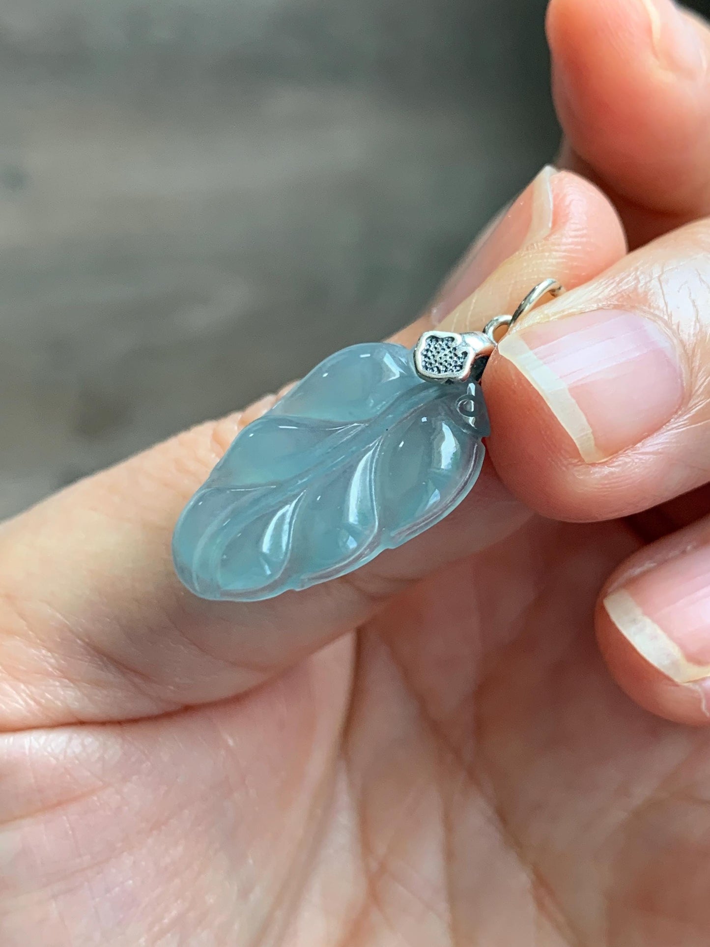 Natural Grade A Guatemalan Icy Highly Translucent Light Dusty Blue Jade Jadeite Carved Leaf Pendant Sterling Silver 天然冰胶危浅蓝翡翠大叶有成银镶吊坠 WLD55A