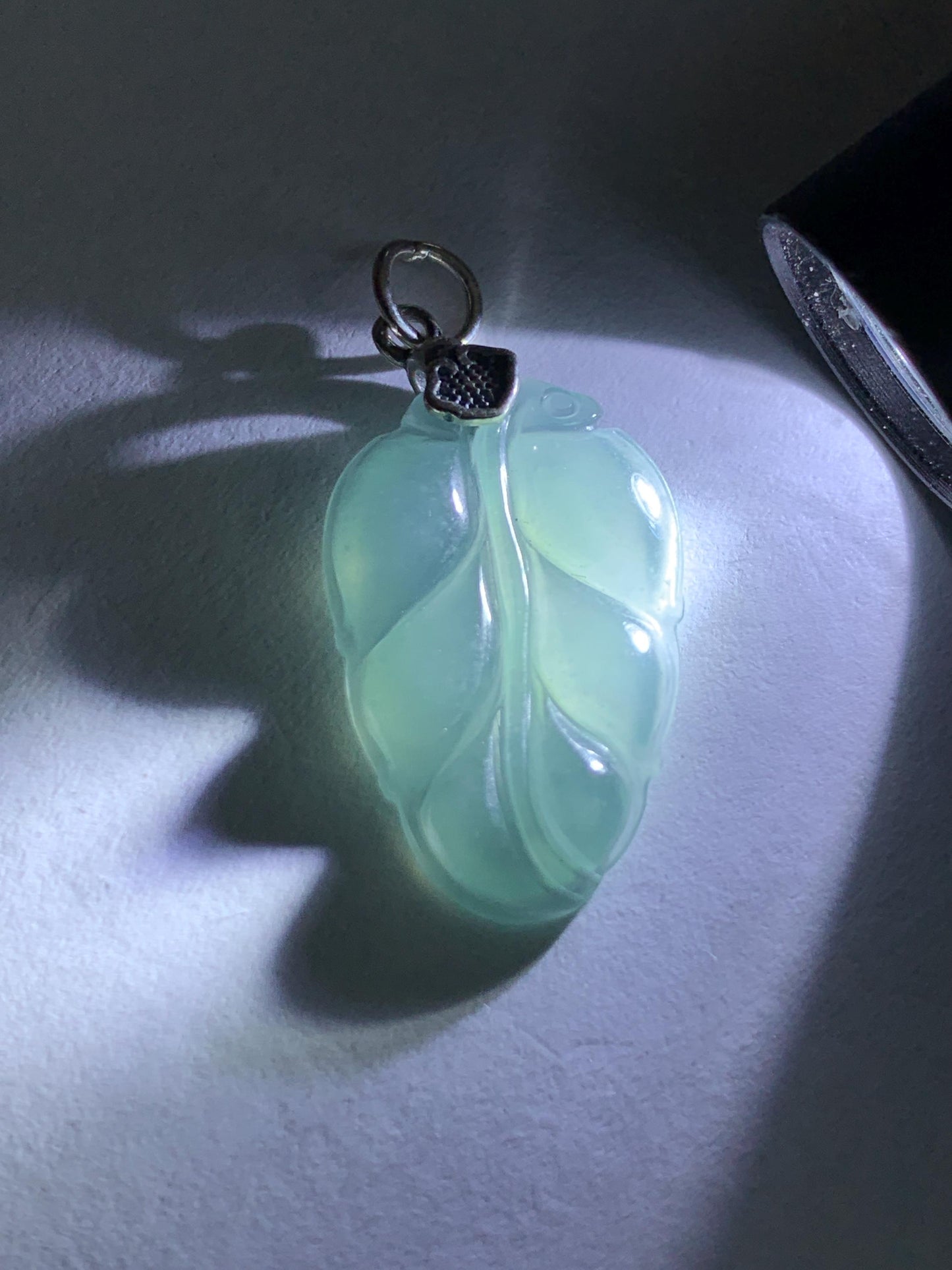 Natural Grade A Guatemalan Icy Highly Translucent Light Dusty Blue Jade Jadeite Carved Leaf Pendant Sterling Silver 天然冰胶危浅蓝翡翠大叶有成银镶吊坠 WLD55A