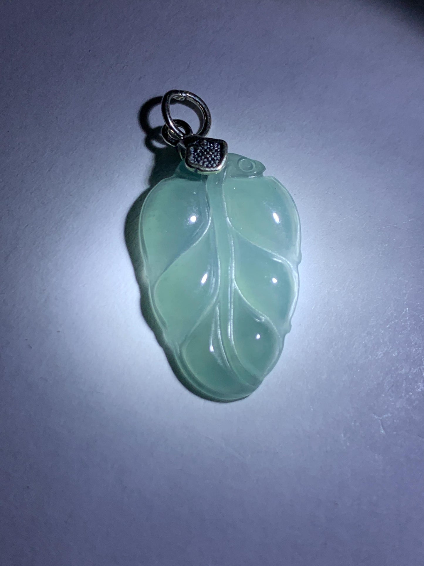 Natural Grade A Guatemalan Icy Highly Translucent Light Dusty Blue Jade Jadeite Carved Leaf Pendant Sterling Silver 天然冰胶危浅蓝翡翠大叶有成银镶吊坠 WLD55A