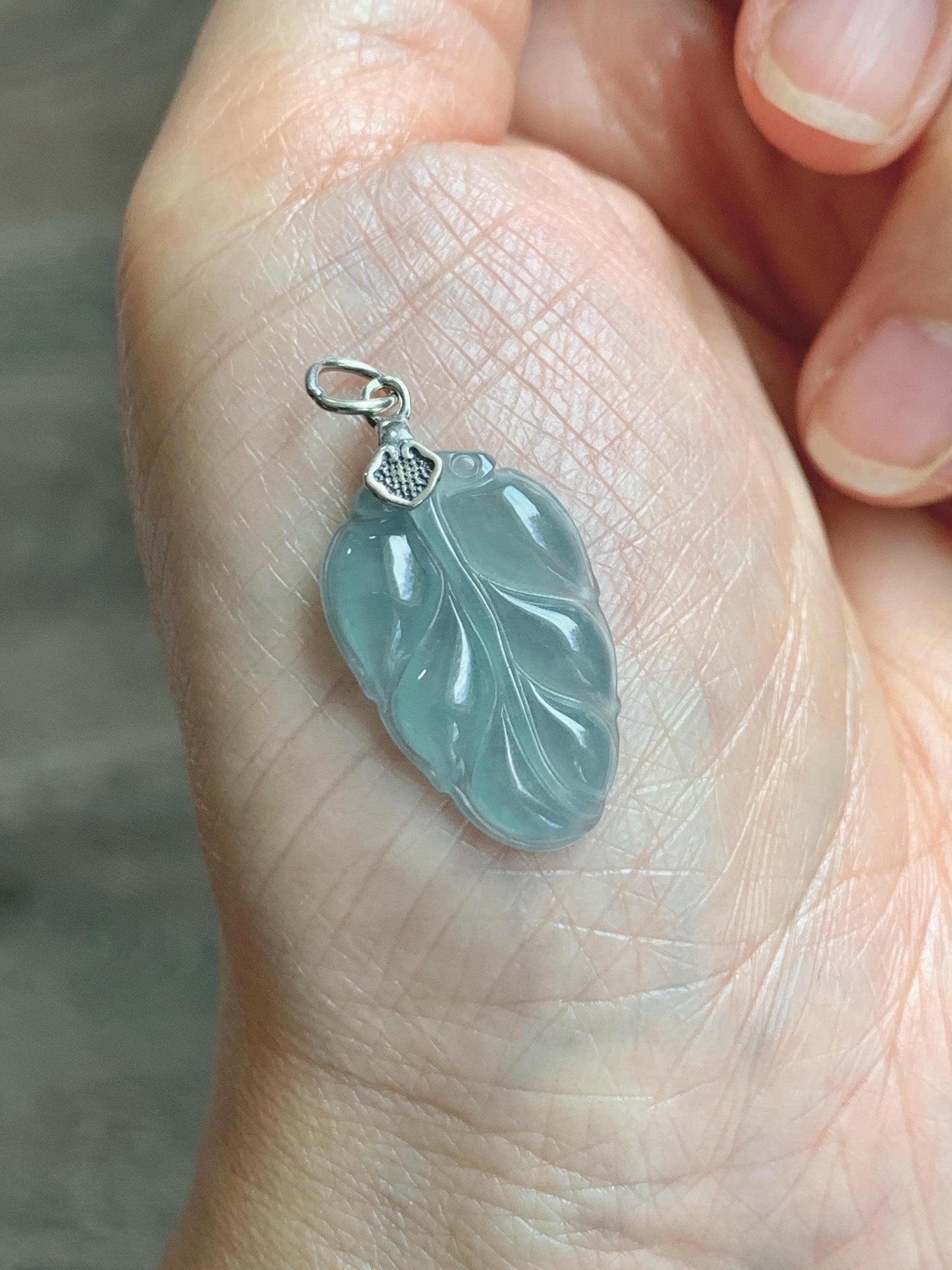 Natural Grade A Guatemalan Icy Highly Translucent Light Dusty Blue Jade Jadeite Carved Leaf Pendant Sterling Silver 天然冰胶危浅蓝翡翠大叶有成银镶吊坠 WLD55A