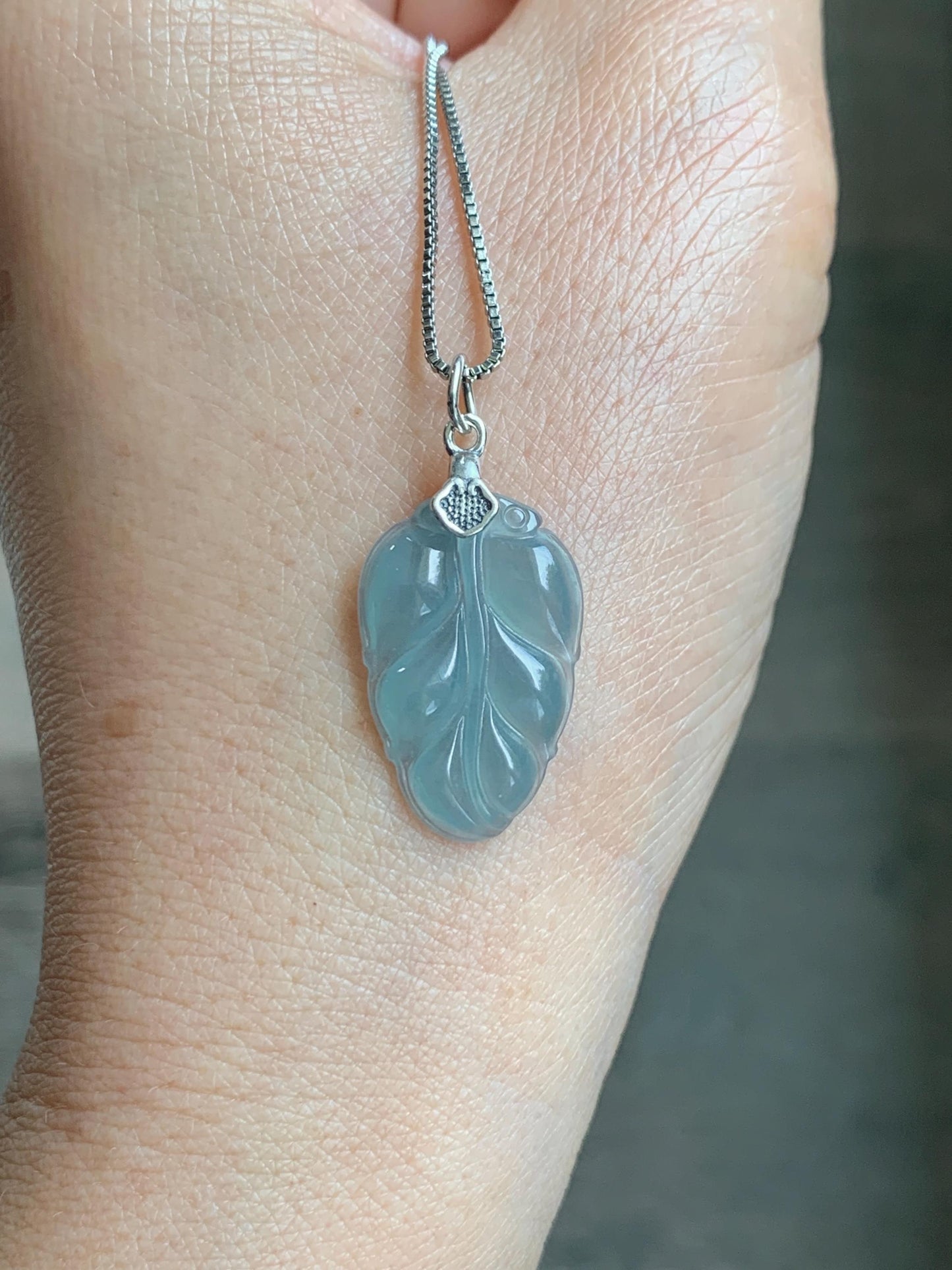 Natural Grade A Guatemalan Icy Highly Translucent Light Dusty Blue Jade Jadeite Carved Leaf Pendant Sterling Silver 天然冰胶危浅蓝翡翠大叶有成银镶吊坠 WLD55A