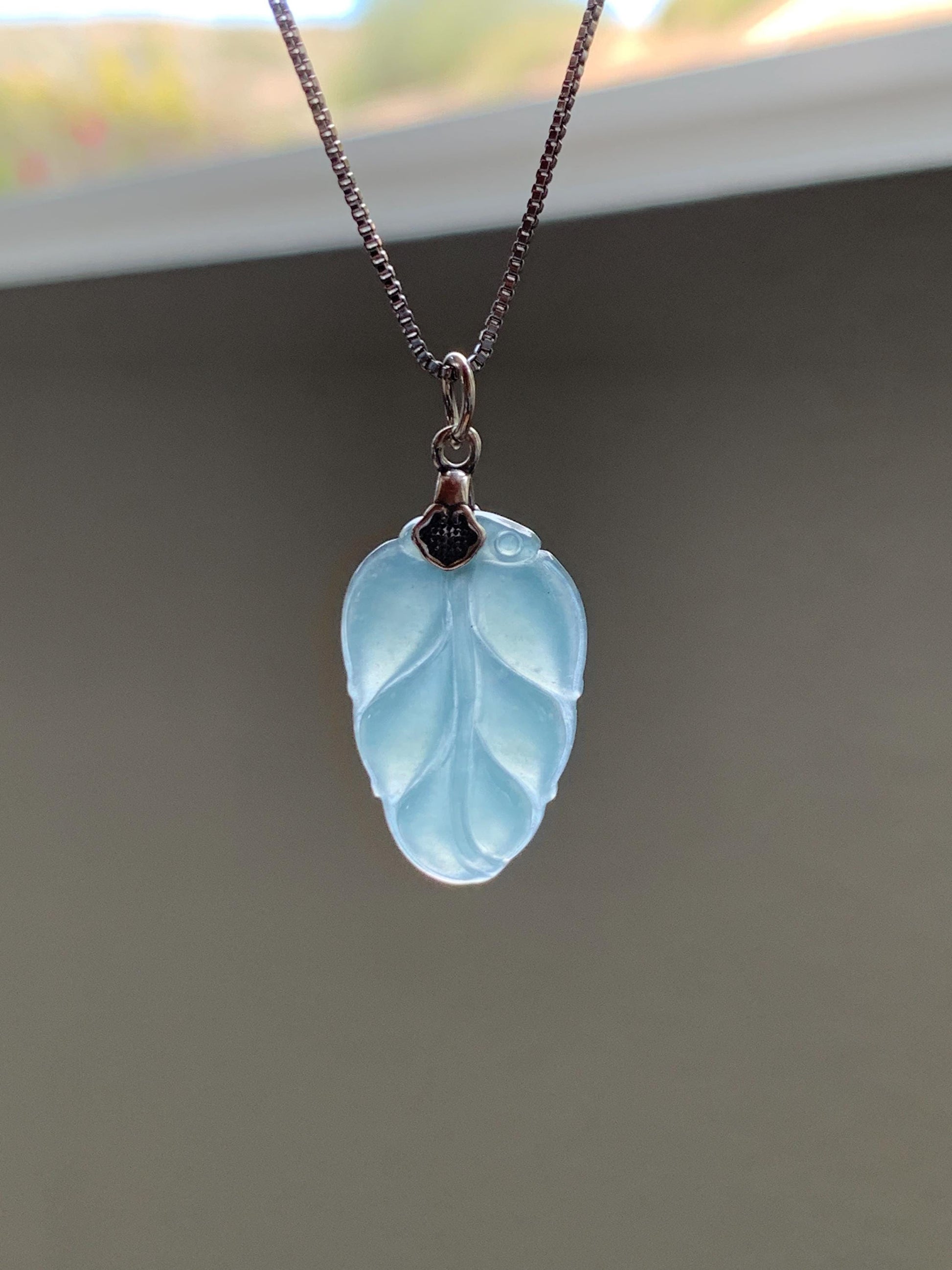 Natural Grade A Guatemalan Icy Highly Translucent Light Dusty Blue Jade Jadeite Carved Leaf Pendant Sterling Silver 天然冰胶危浅蓝翡翠大叶有成银镶吊坠 WLD55A