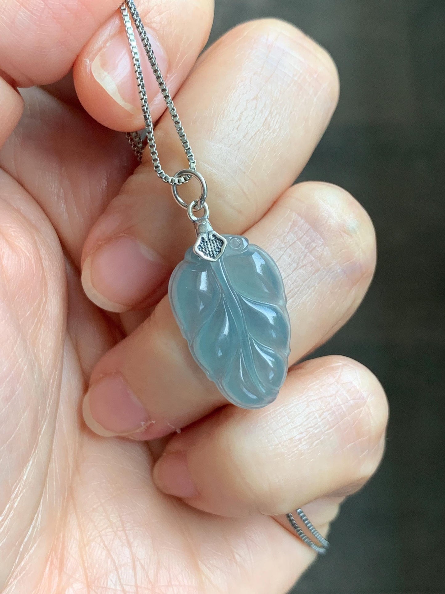 Natural Grade A Guatemalan Icy Highly Translucent Light Dusty Blue Jade Jadeite Carved Leaf Pendant Sterling Silver 天然冰胶危浅蓝翡翠大叶有成银镶吊坠 WLD55A