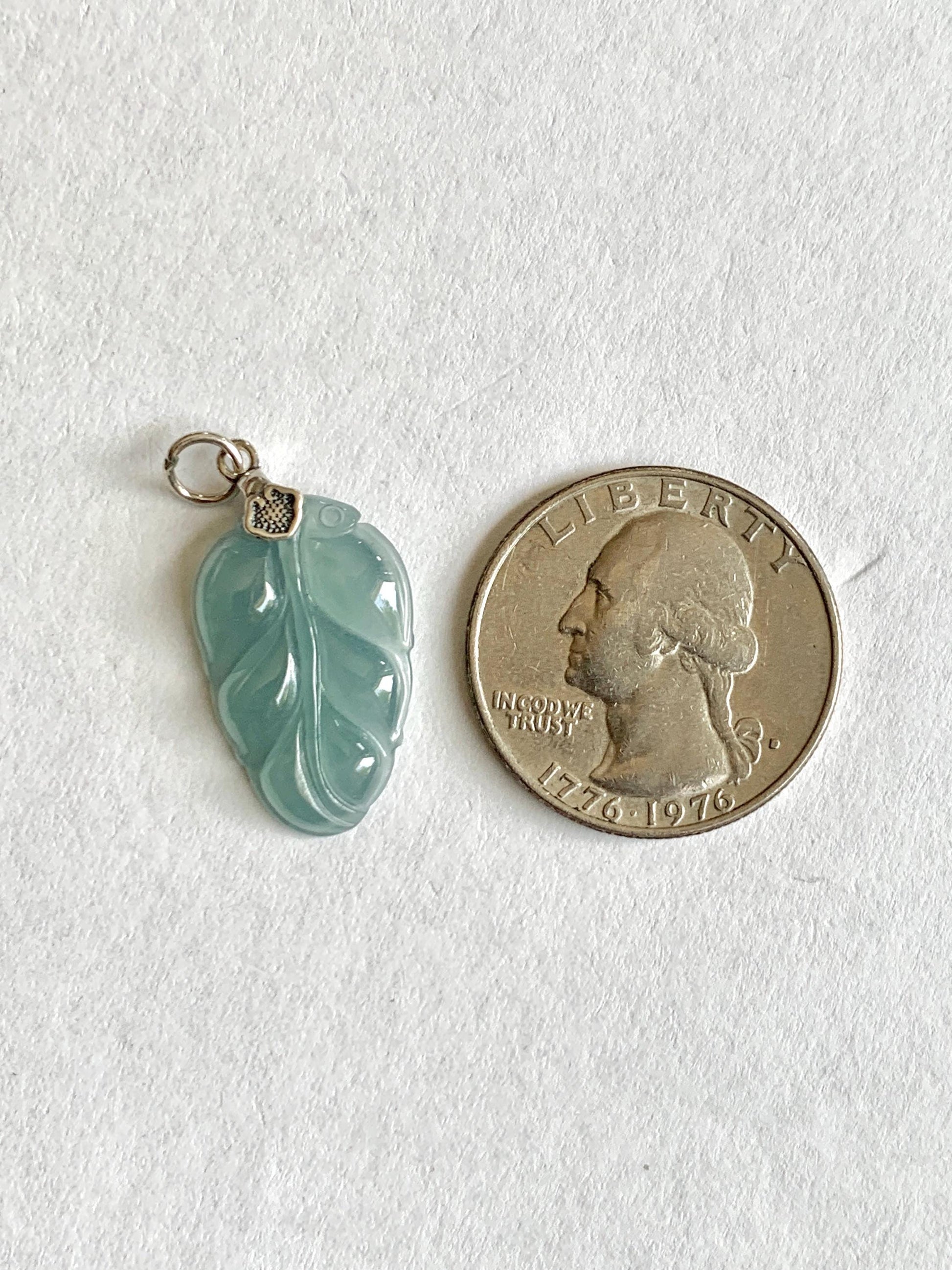 Natural Grade A Guatemalan Icy Highly Translucent Light Dusty Blue Jade Jadeite Carved Leaf Pendant Sterling Silver 天然冰胶危浅蓝翡翠大叶有成银镶吊坠 WLD55A