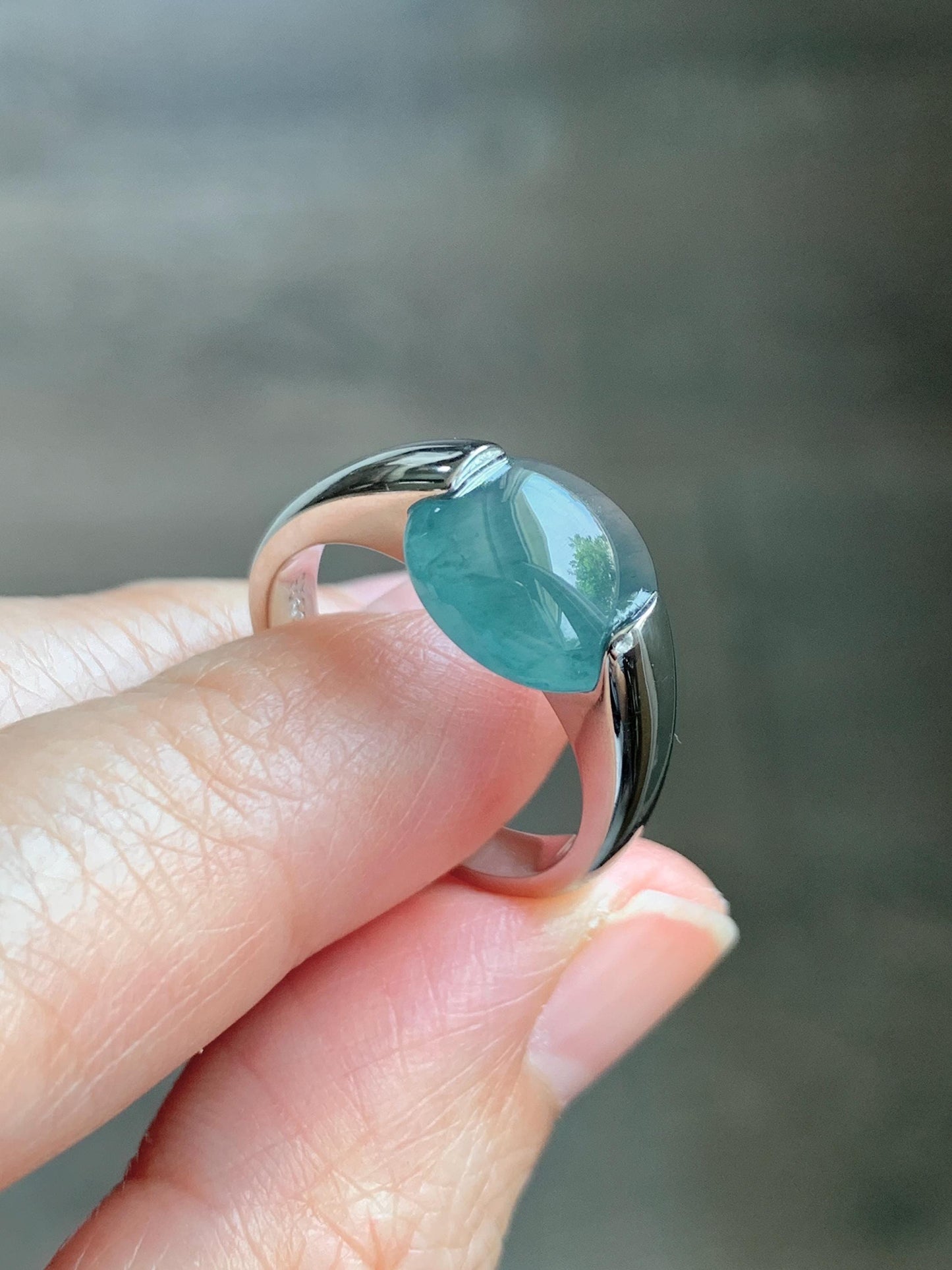 Natural Grade A Guatemalan Icy Translucent Dark Teal Blue Oval Cabochon Jade Jadeite Ring Sterling Silver Size 7.5 US 6g 天然冰危蓝绿翡翠银镶戒指WHS512B
