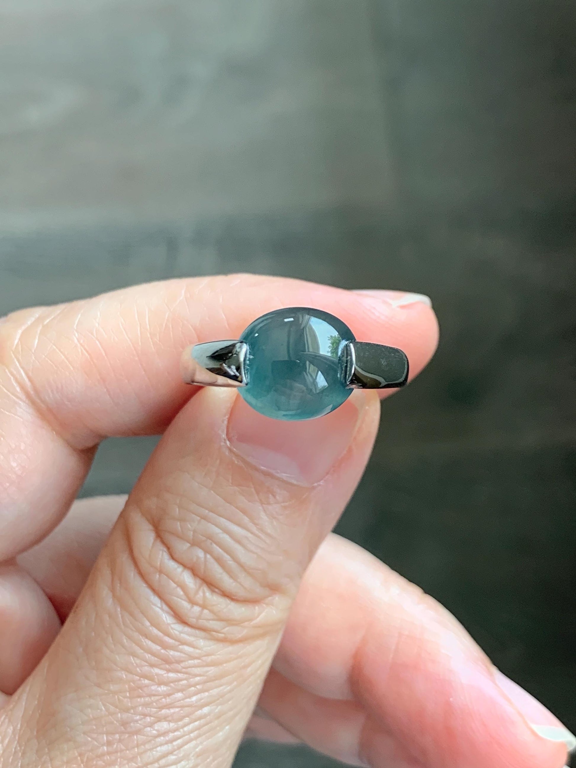 Natural Grade A Guatemalan Icy Translucent Dark Teal Blue Oval Cabochon Jade Jadeite Ring Sterling Silver Size 7.5 US 6g 天然冰危蓝绿翡翠银镶戒指WHS512B