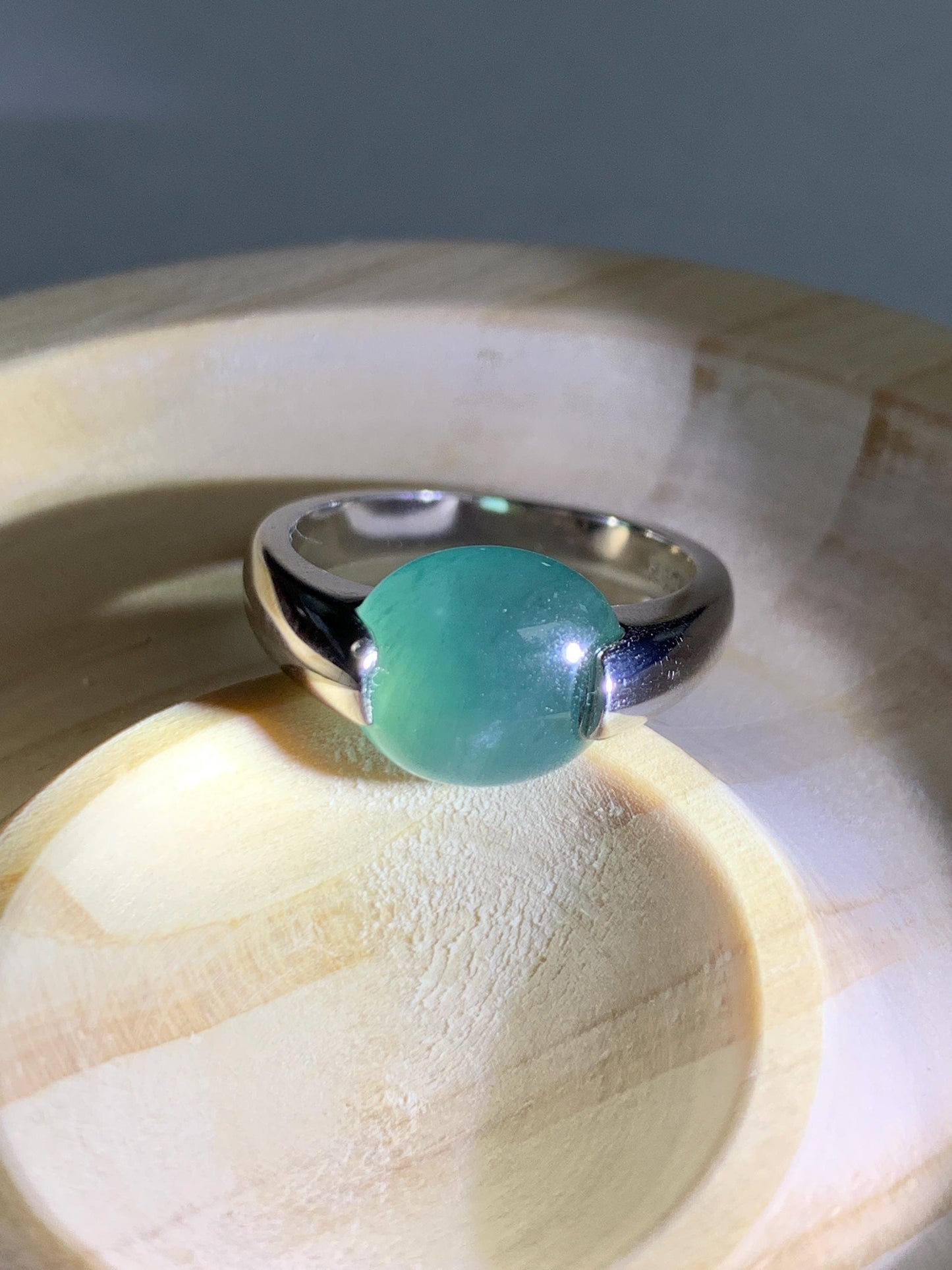 Natural Grade A Guatemalan Icy Translucent Dark Teal Blue Oval Cabochon Jade Jadeite Ring Sterling Silver Size 7.5 US 6g 天然冰危蓝绿翡翠银镶戒指WHS512B