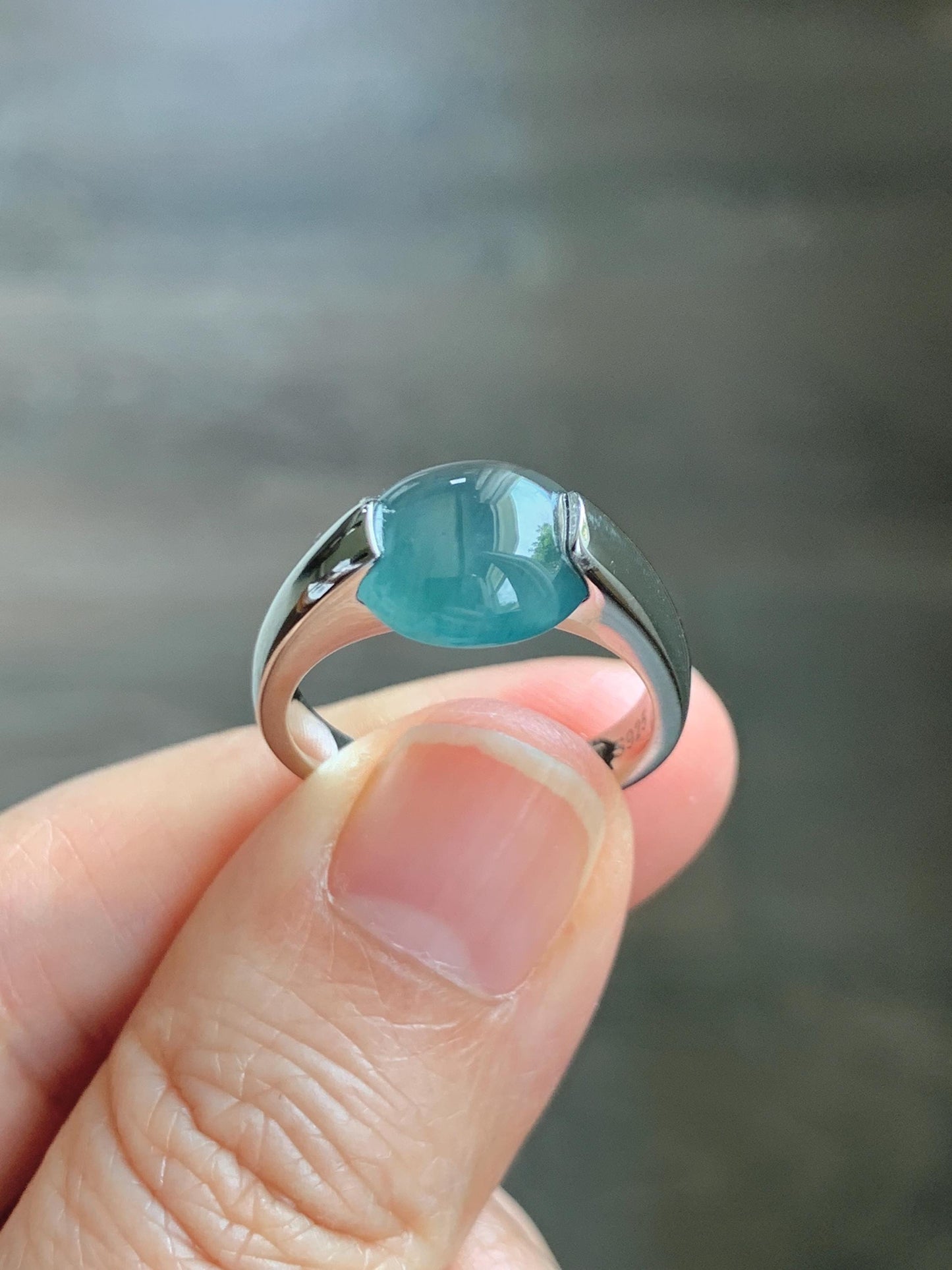 Natural Grade A Guatemalan Icy Translucent Dark Teal Blue Oval Cabochon Jade Jadeite Ring Sterling Silver Size 7.5 US 6g 天然冰危蓝绿翡翠银镶戒指WHS512B