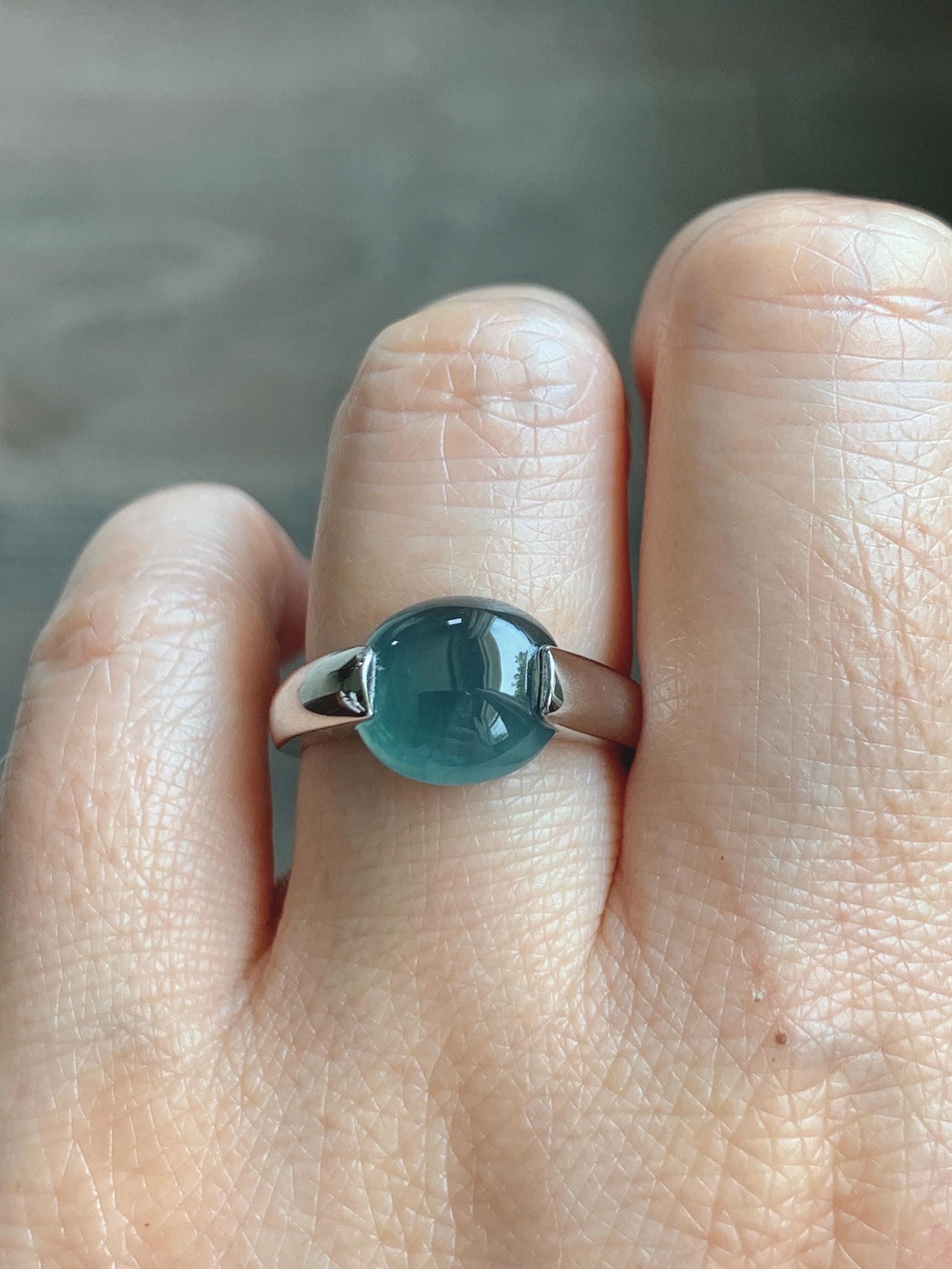 Natural Grade A Guatemalan Icy Translucent Dark Teal Blue Oval Cabochon Jade Jadeite Ring Sterling Silver Size 7.5 US 6g 天然冰危蓝绿翡翠银镶戒指WHS512B