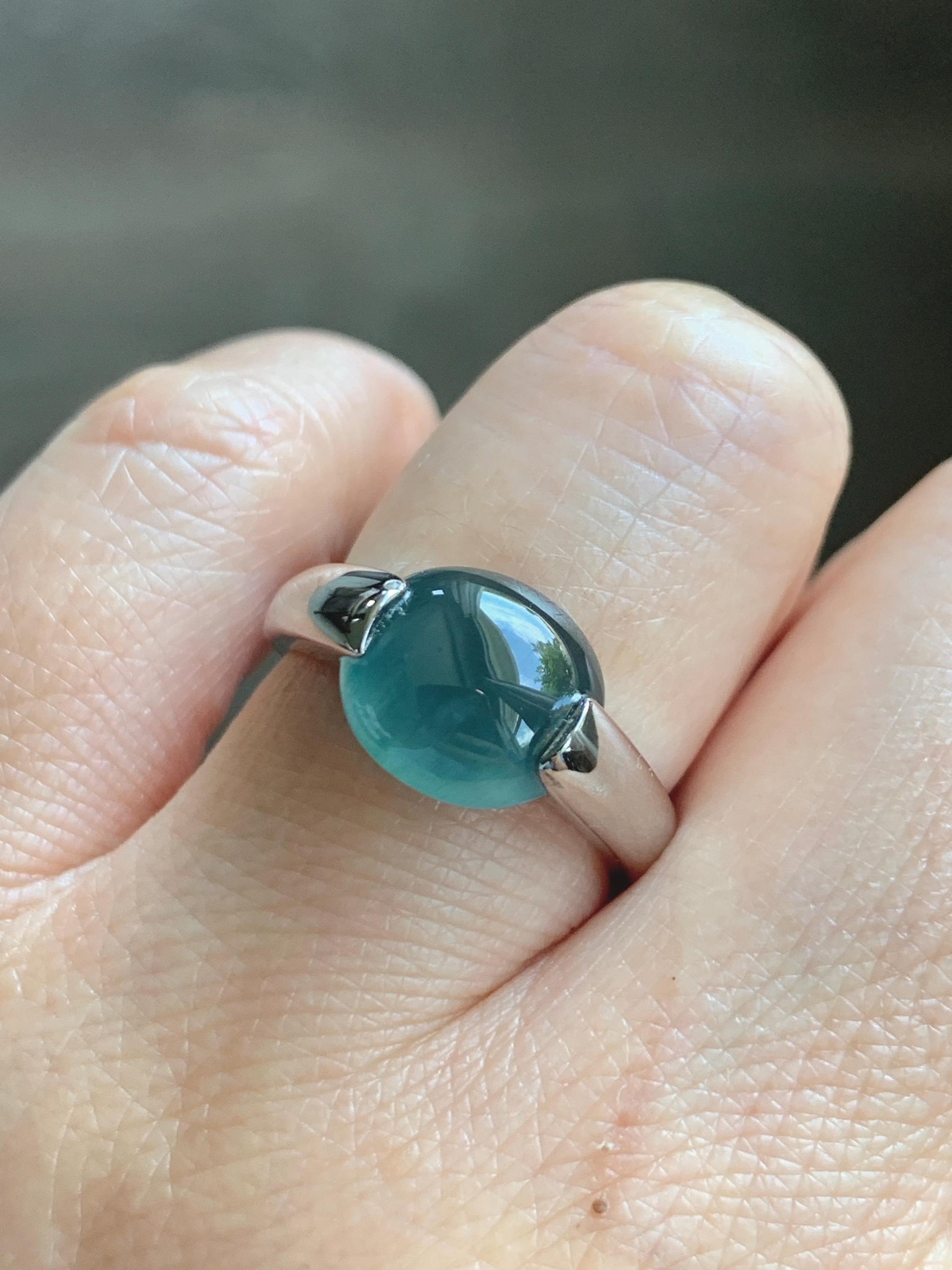 Natural Grade A Guatemalan Icy Translucent Dark Teal Blue Oval Cabochon Jade Jadeite Ring Sterling Silver Size 7.5 US 6g 天然冰危蓝绿翡翠银镶戒指WHS512B