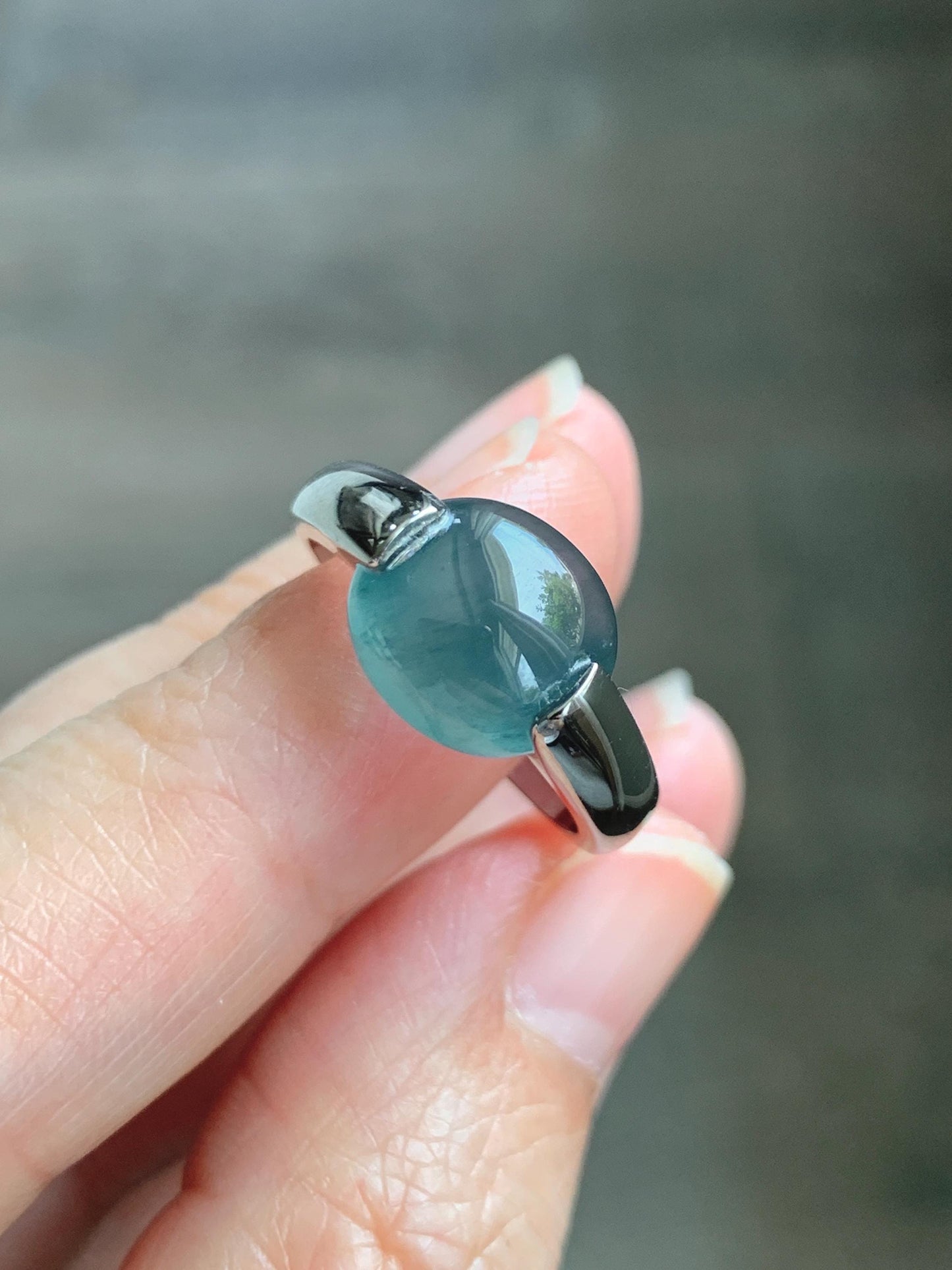 Natural Grade A Guatemalan Icy Translucent Dark Teal Blue Oval Cabochon Jade Jadeite Ring Sterling Silver Size 7.5 US 6g 天然冰危蓝绿翡翠银镶戒指WHS512B