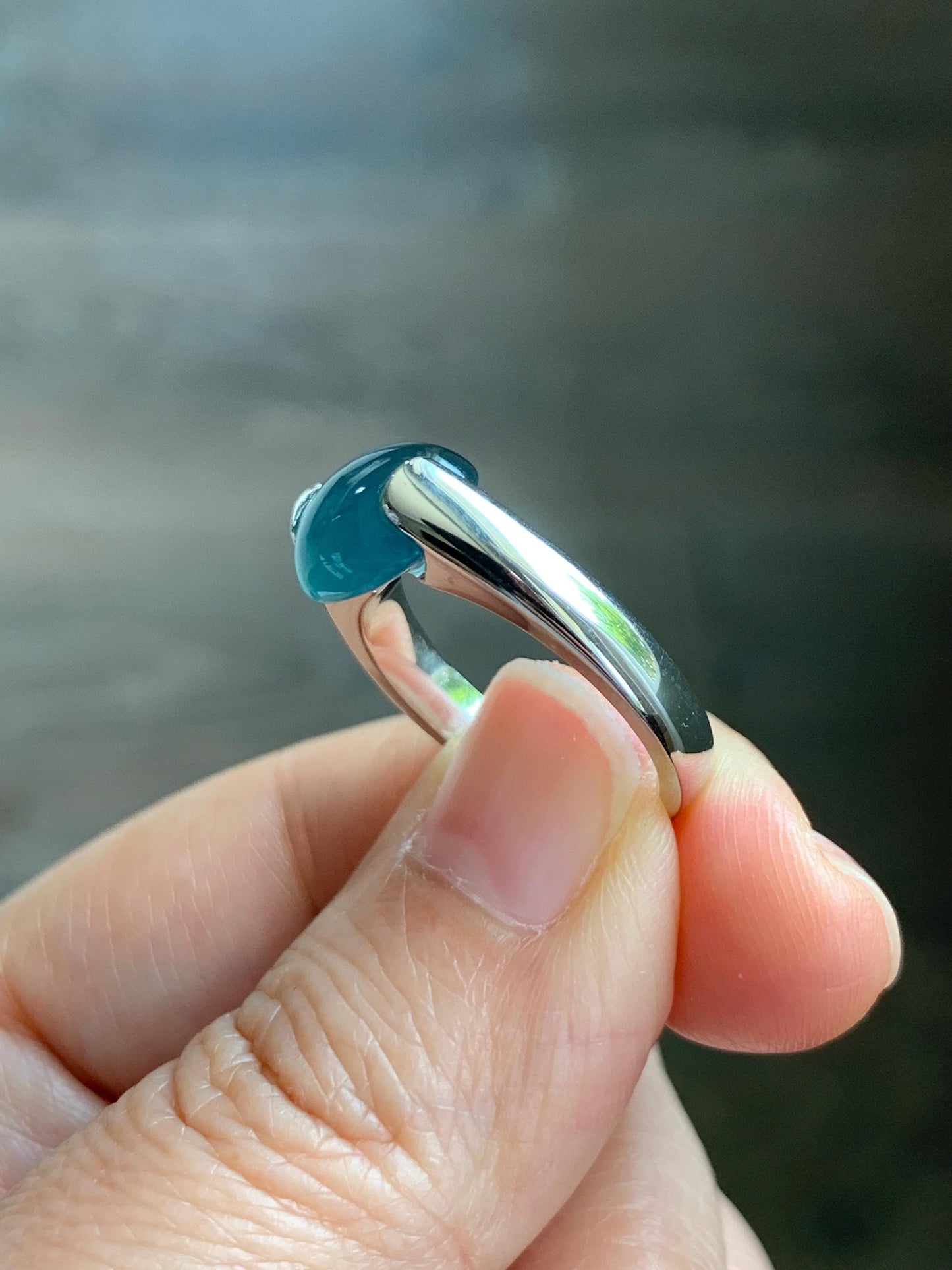 Natural Grade A Guatemalan Icy Translucent Dark Teal Blue Oval Cabochon Jade Jadeite Ring Sterling Silver Size 7.5 US 6g 天然冰危蓝绿翡翠银镶戒指WHS512B