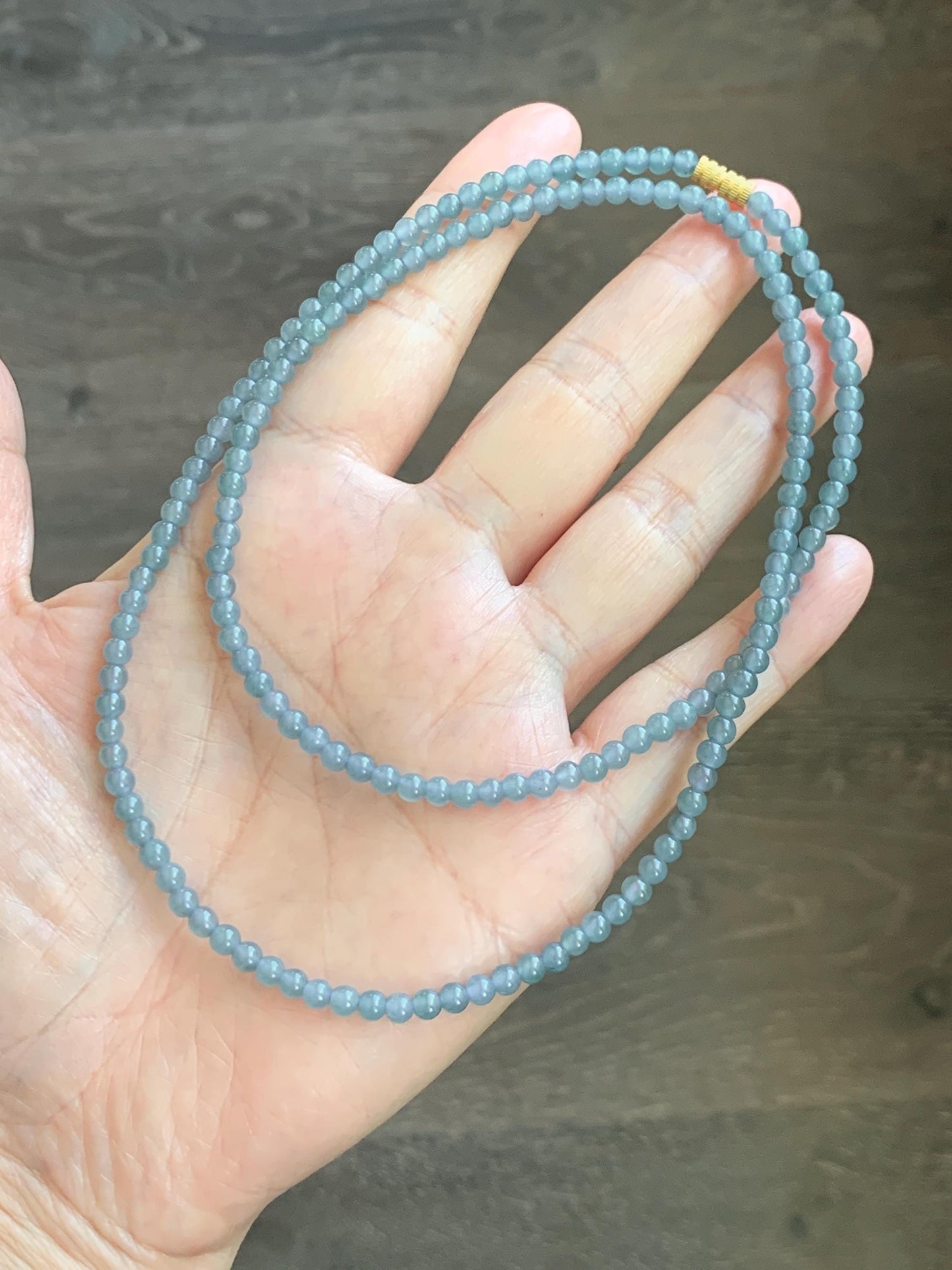 Grade A Natural Guatemalan Icy Translucent Light Dusty Blue Jade Jadeite Petite Beads Beaded Necklace 3.8mm 22.75” 16g 天然冰危浅灰蓝翡翠小圆珠项链 WXC110