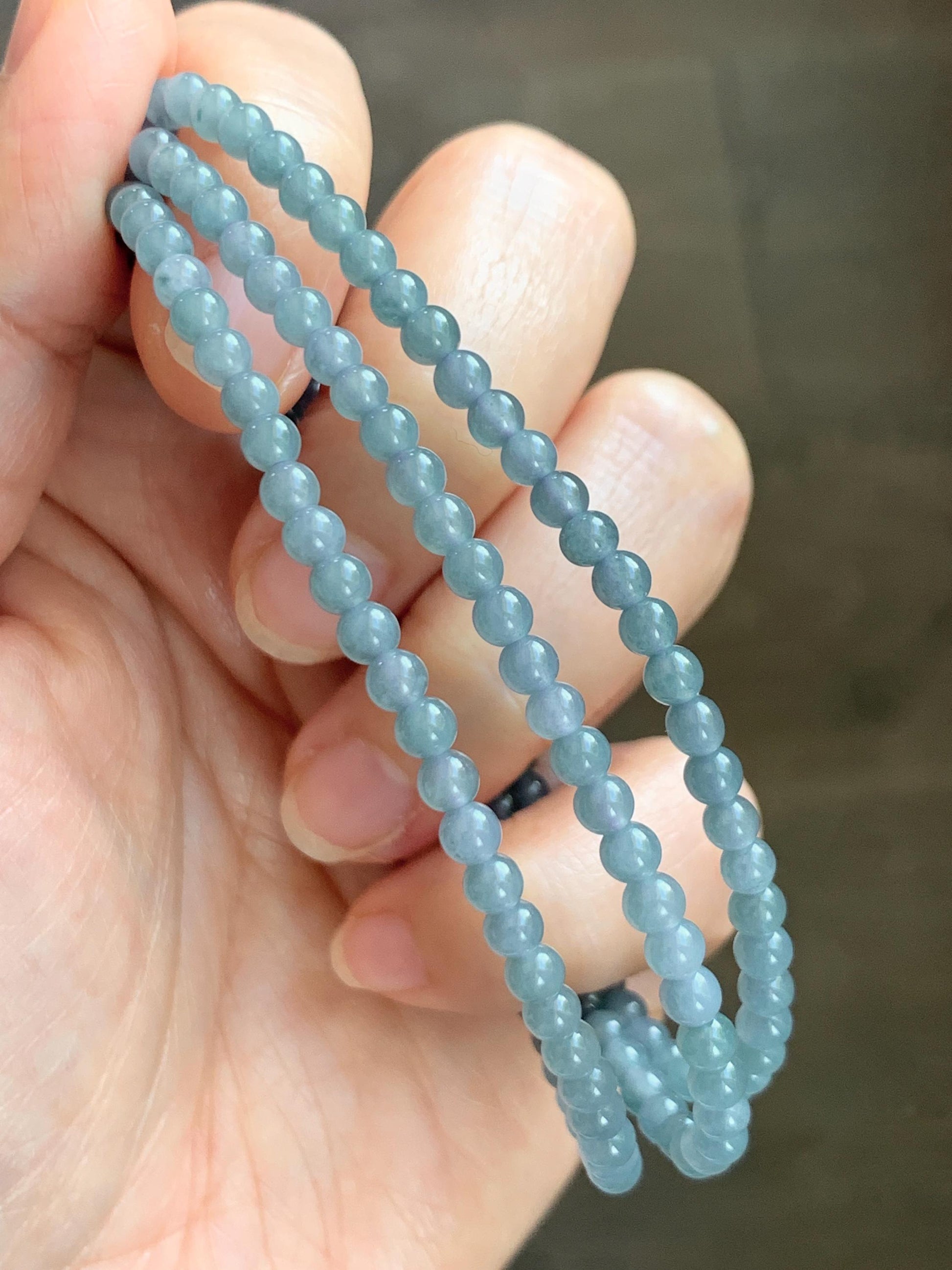 Grade A Natural Guatemalan Icy Translucent Light Dusty Blue Jade Jadeite Petite Beads Beaded Necklace 3.8mm 22.75” 16g 天然冰危浅灰蓝翡翠小圆珠项链 WXC110