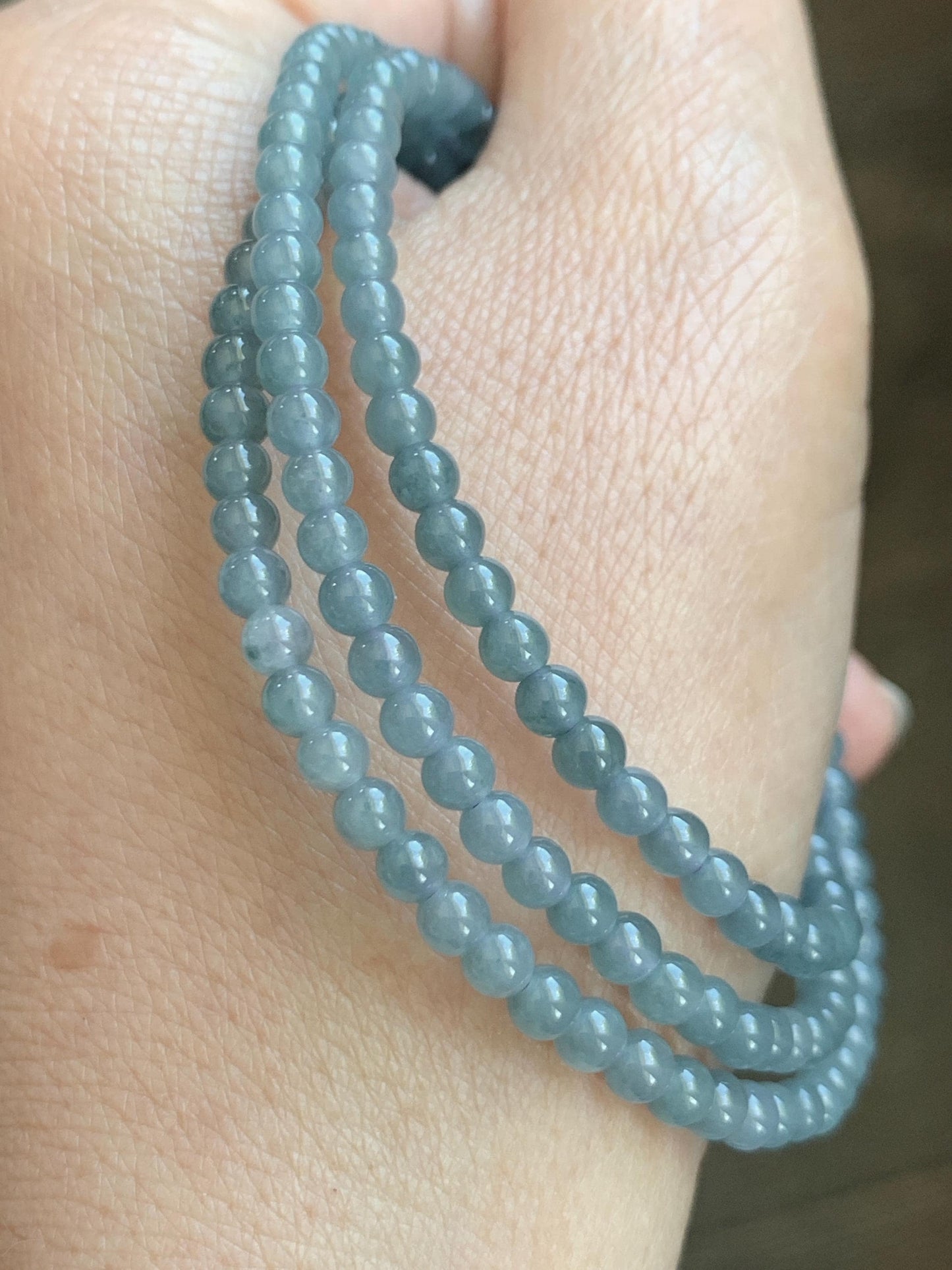 Grade A Natural Guatemalan Icy Translucent Light Dusty Blue Jade Jadeite Petite Beads Beaded Necklace 3.8mm 22.75” 16g 天然冰危浅灰蓝翡翠小圆珠项链 WXC110