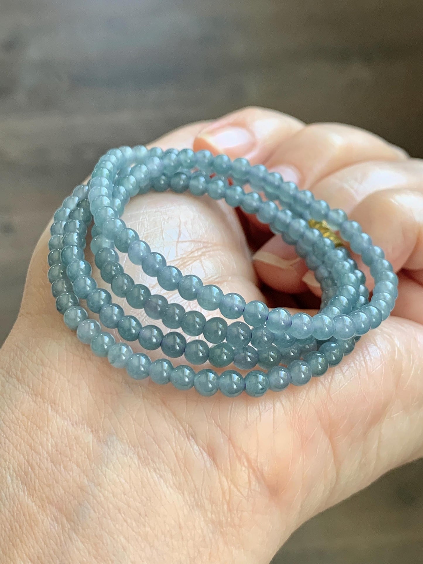Grade A Natural Guatemalan Icy Translucent Light Dusty Blue Jade Jadeite Petite Beads Beaded Necklace 3.8mm 22.75” 16g 天然冰危浅灰蓝翡翠小圆珠项链 WXC110