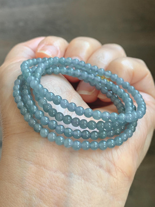 Grade A Natural Guatemalan Icy Translucent Light Dusty Blue Jade Jadeite Petite Beads Beaded Necklace 3.8mm 22.75” 16g 天然冰危浅灰蓝翡翠小圆珠项链 WXC110