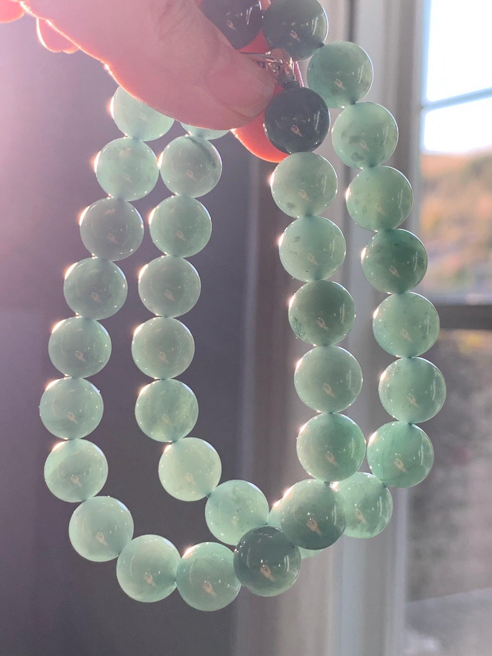 Natural Grade A Guatemalan Icy Translucent Dark Teal Green Jade Jadeite Beaded Necklace 18” 11.8mm Sterling Silver 天然冰危深蓝绿翡翠大卡圆珠项链 WDT580