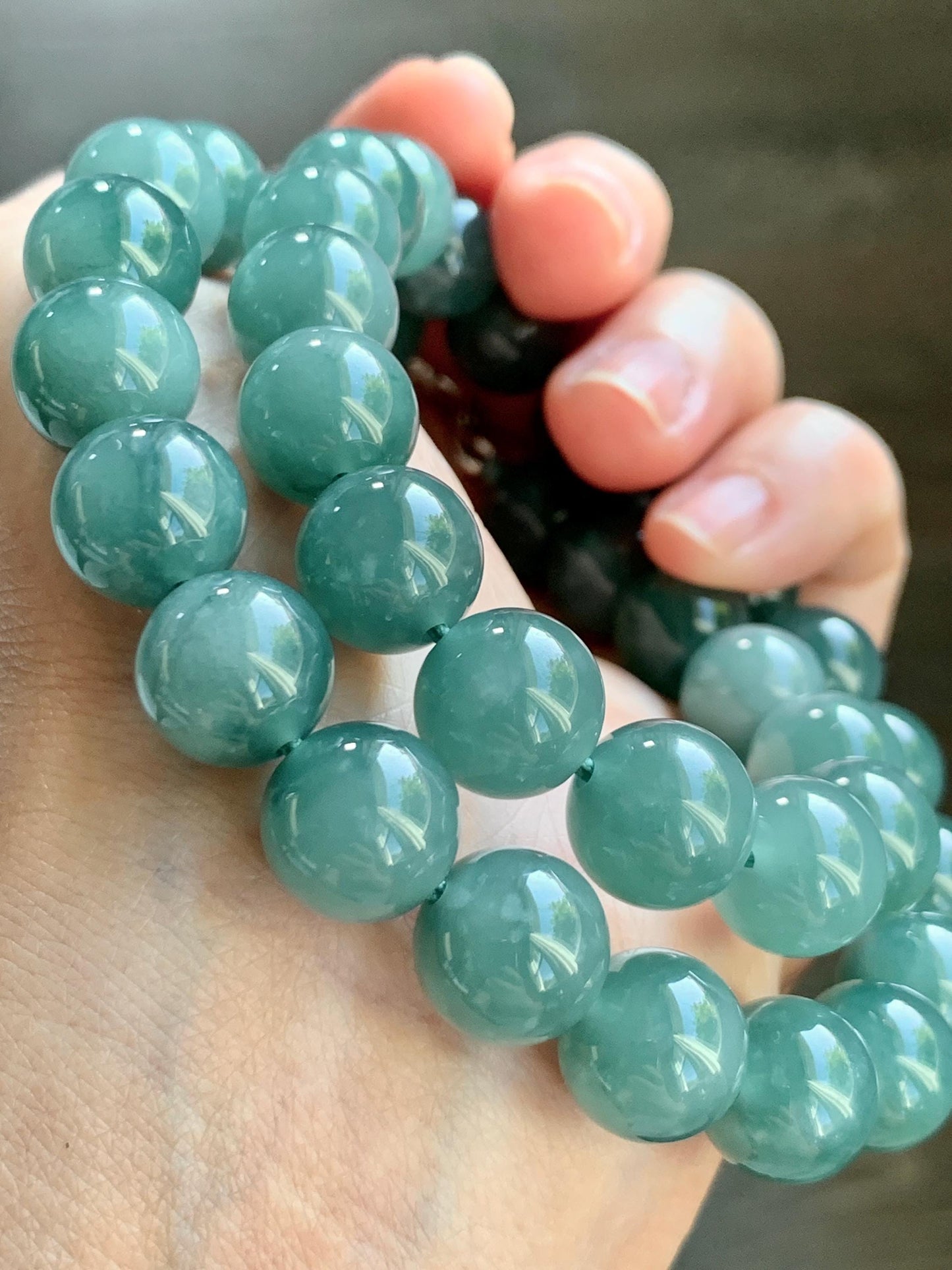 Natural Grade A Guatemalan Icy Translucent Dark Teal Green Jade Jadeite Beaded Necklace 18” 11.8mm Sterling Silver 天然冰危深蓝绿翡翠大卡圆珠项链 WDT580
