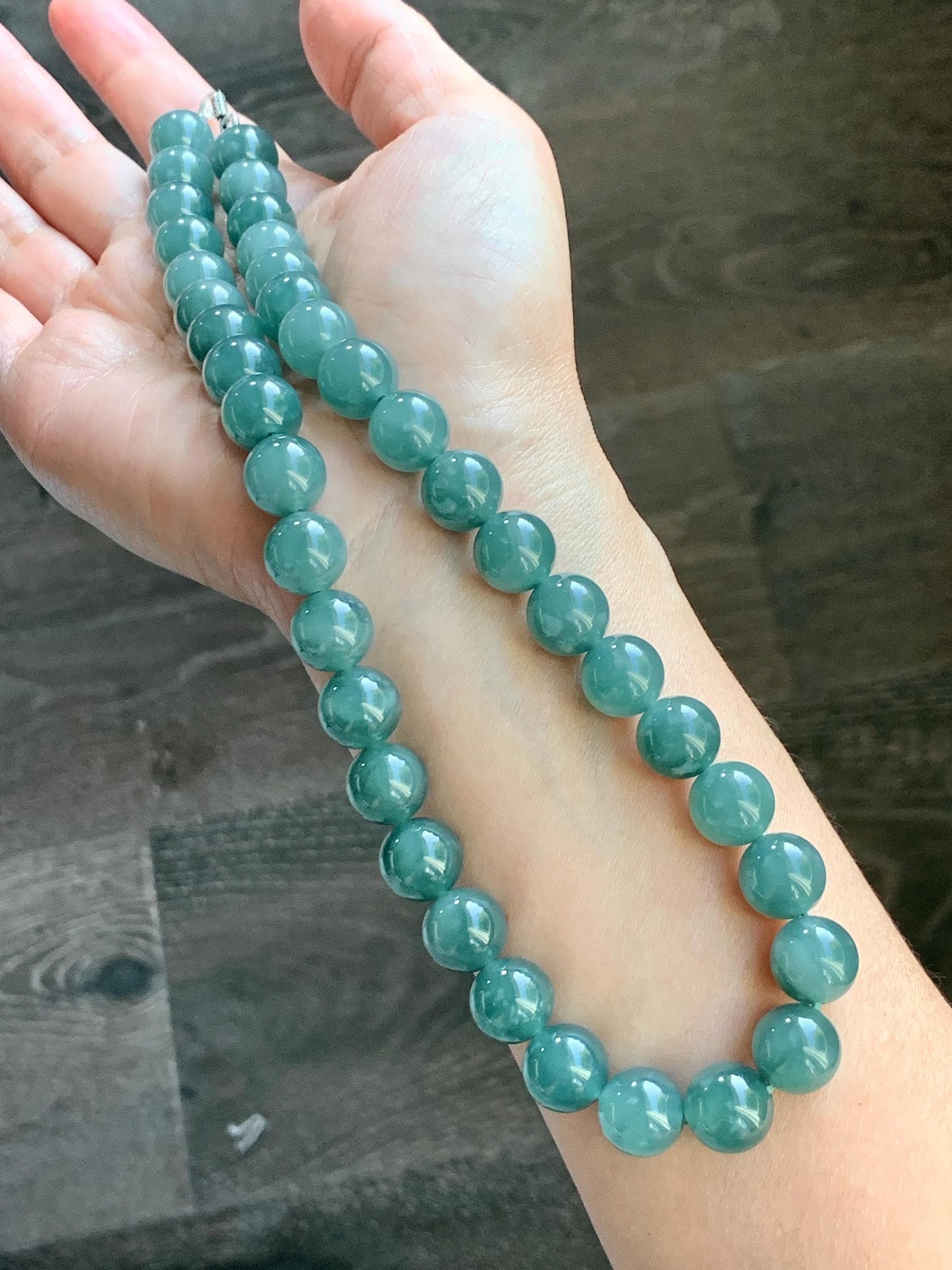 Natural Grade A Guatemalan Icy Translucent Dark Teal Green Jade Jadeite Beaded Necklace 18” 11.8mm Sterling Silver 天然冰危深蓝绿翡翠大卡圆珠项链 WDT580