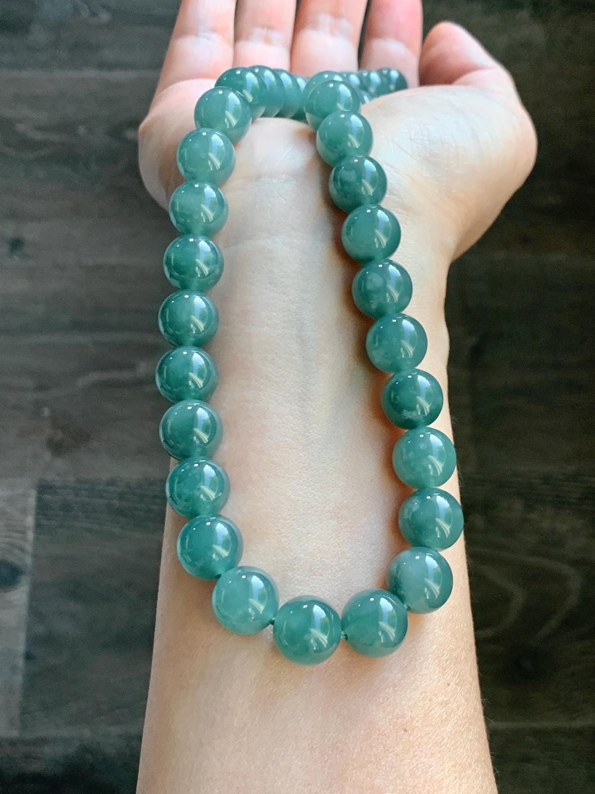 Natural Grade A Guatemalan Icy Translucent Dark Teal Green Jade Jadeite Beaded Necklace 18” 11.8mm Sterling Silver 天然冰危深蓝绿翡翠大卡圆珠项链 WDT580