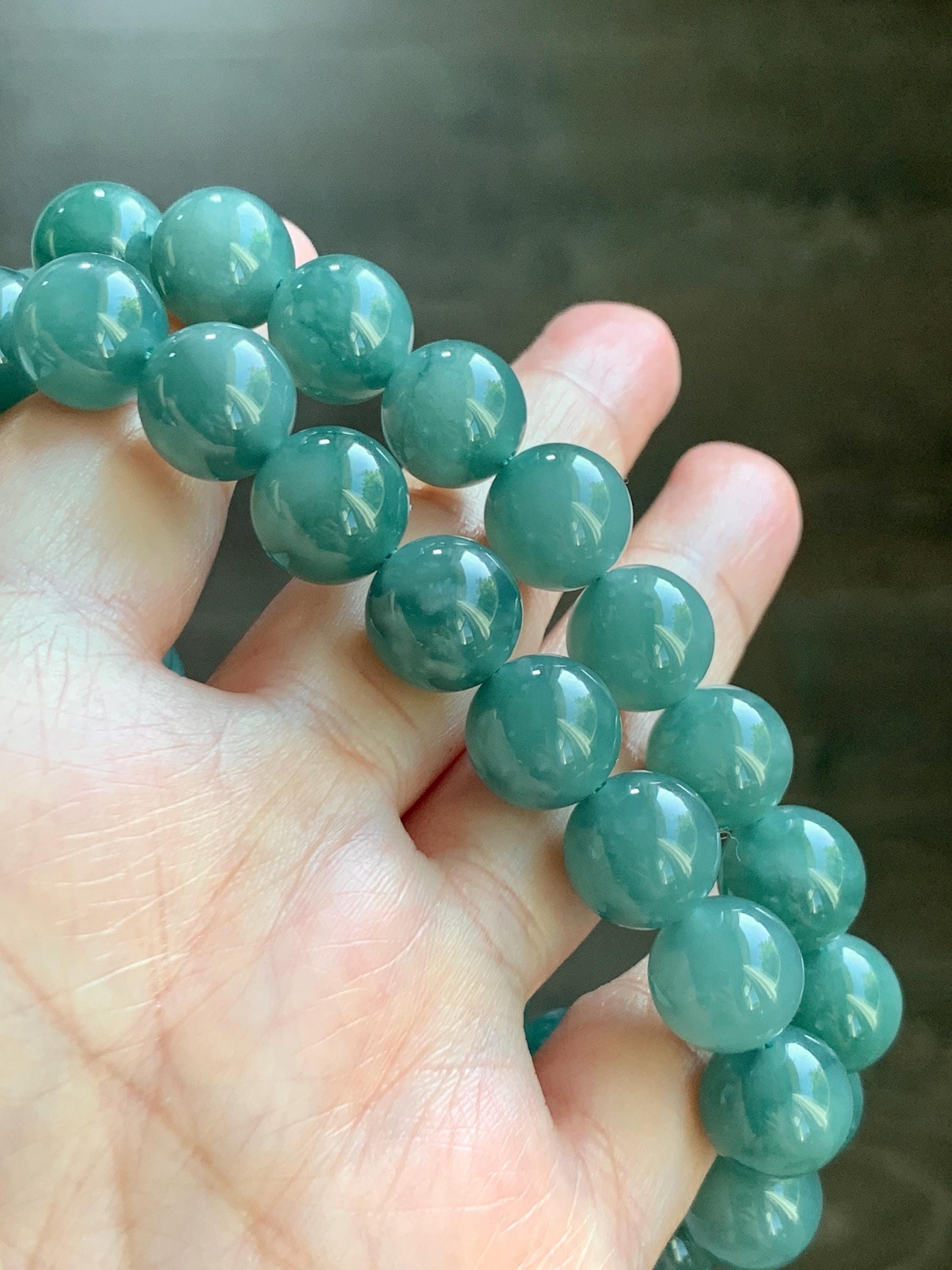 Natural Grade A Guatemalan Icy Translucent Dark Teal Green Jade Jadeite Beaded Necklace 18” 11.8mm Sterling Silver 天然冰危深蓝绿翡翠大卡圆珠项链 WDT580