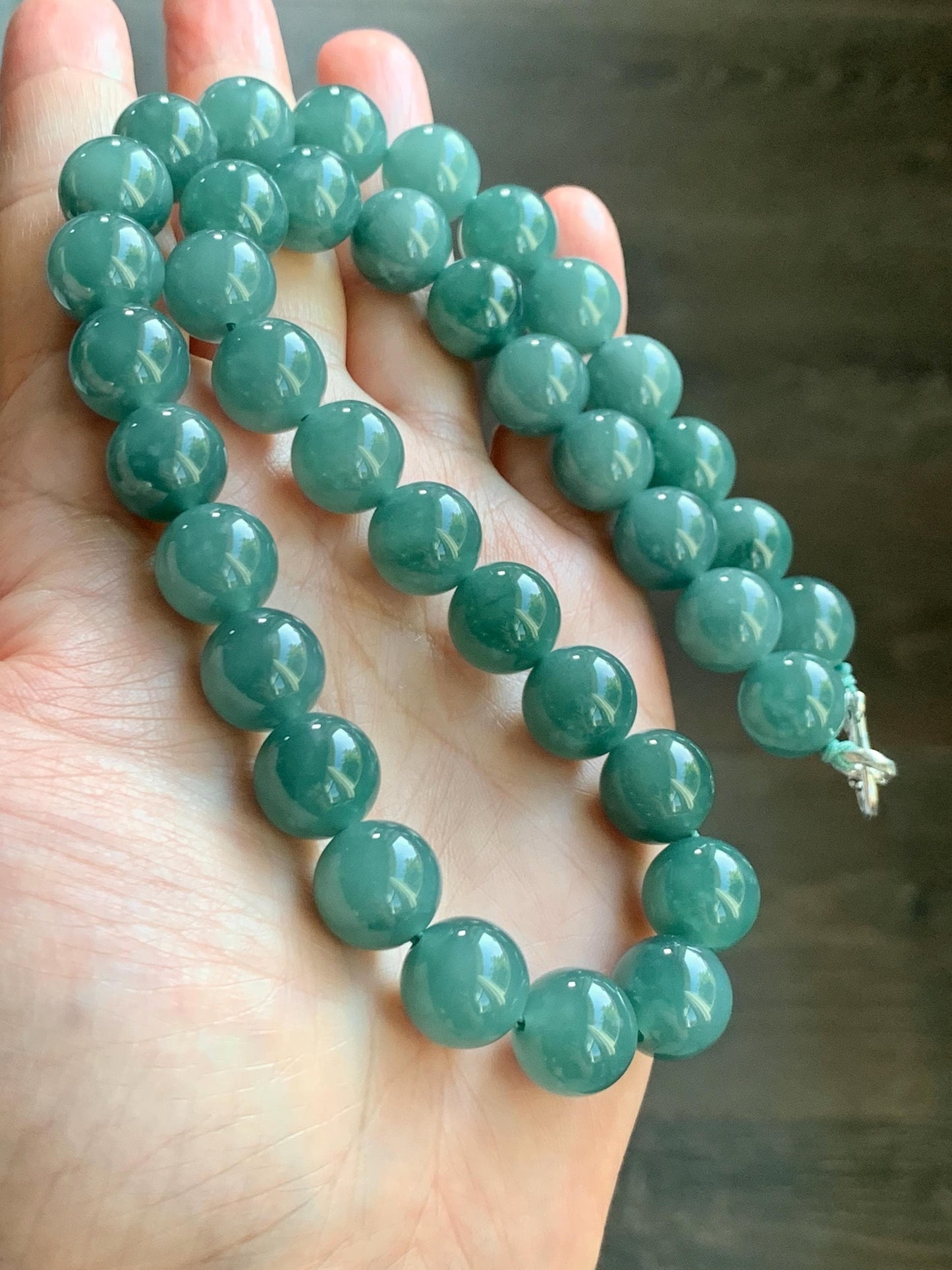 Natural Grade A Guatemalan Icy Translucent Dark Teal Green Jade Jadeite Beaded Necklace 18” 11.8mm Sterling Silver 天然冰危深蓝绿翡翠大卡圆珠项链 WDT580