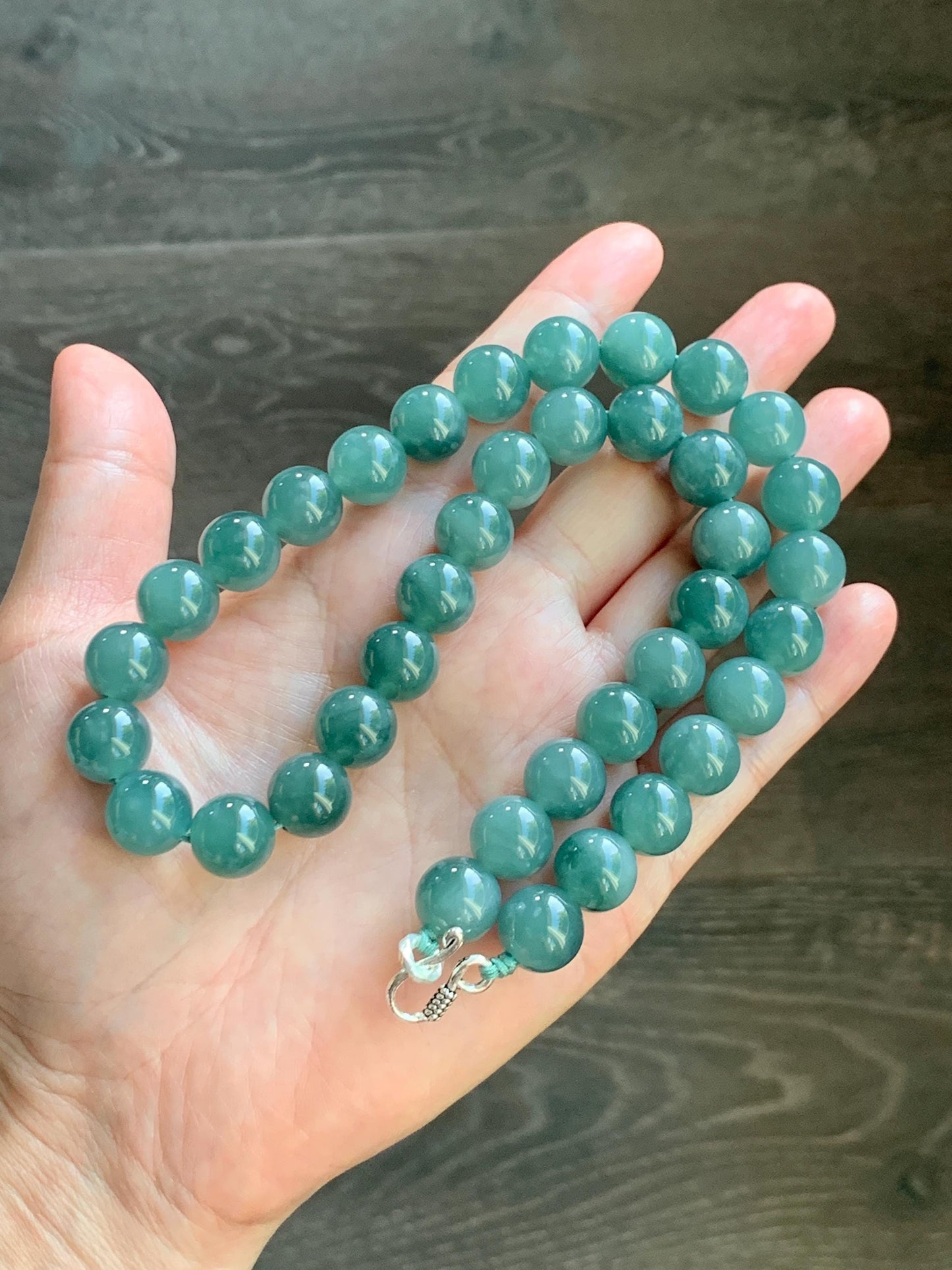 Natural Grade A Guatemalan Icy Translucent Dark Teal Green Jade Jadeite Beaded Necklace 18” 11.8mm Sterling Silver 天然冰危深蓝绿翡翠大卡圆珠项链 WDT580