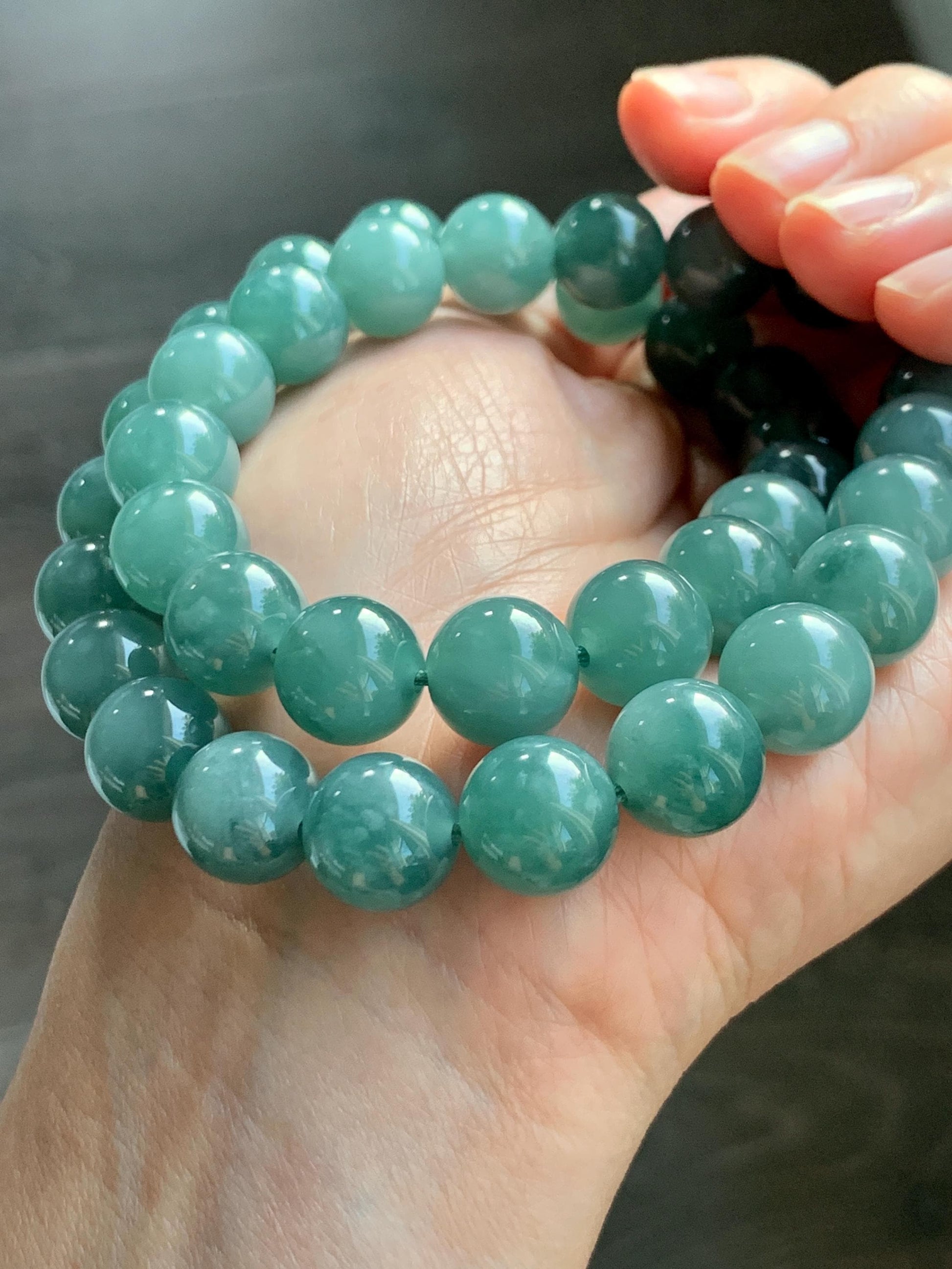 Natural Grade A Guatemalan Icy Translucent Dark Teal Green Jade Jadeite Beaded Necklace 18” 11.8mm Sterling Silver 天然冰危深蓝绿翡翠大卡圆珠项链 WDT580