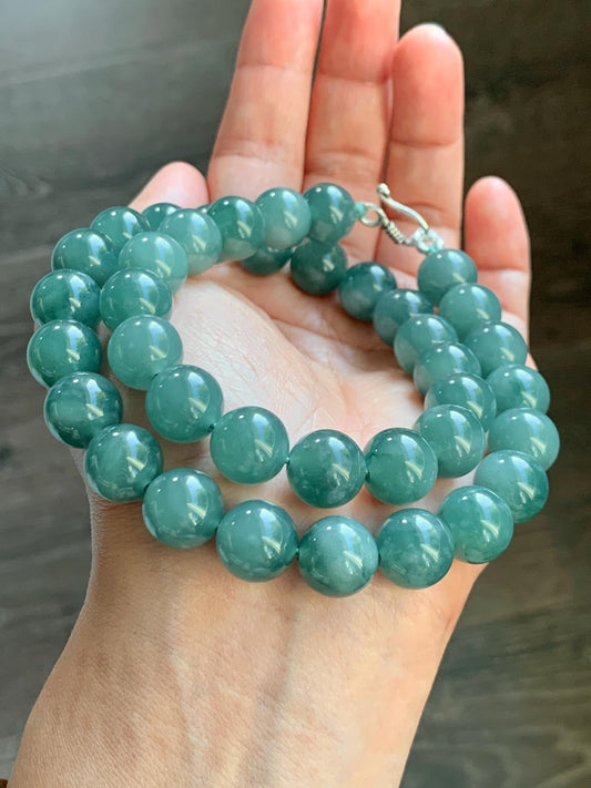 Natural Grade A Guatemalan Icy Translucent Dark Teal Green Jade Jadeite Beaded Necklace 18” 11.8mm Sterling Silver 天然冰危深蓝绿翡翠大卡圆珠项链 WDT580