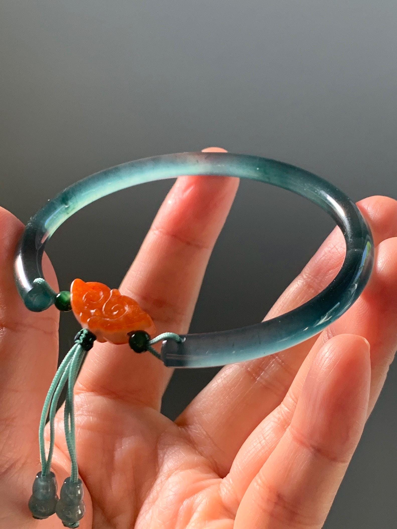 Certified Natural Grade A Guatemalan Icy Highly Translucent Dark Teal Blue Jade Jadeite Bangle Bracelet 59.9mm 7.4” 18g 天然冰胶危篮绿翡翠开口手镯 604