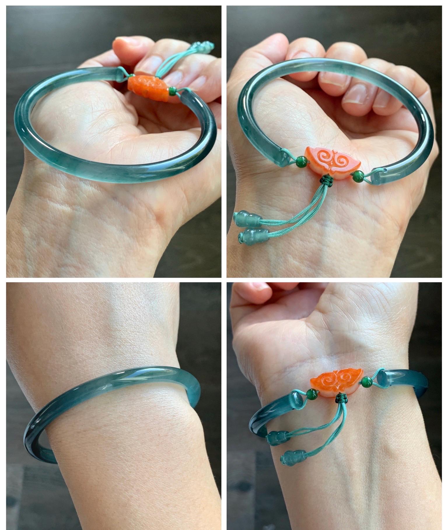 Certified Natural Grade A Guatemalan Icy Highly Translucent Dark Teal Blue Jade Jadeite Bangle Bracelet 59.9mm 7.4” 18g 天然冰胶危篮绿翡翠开口手镯 604