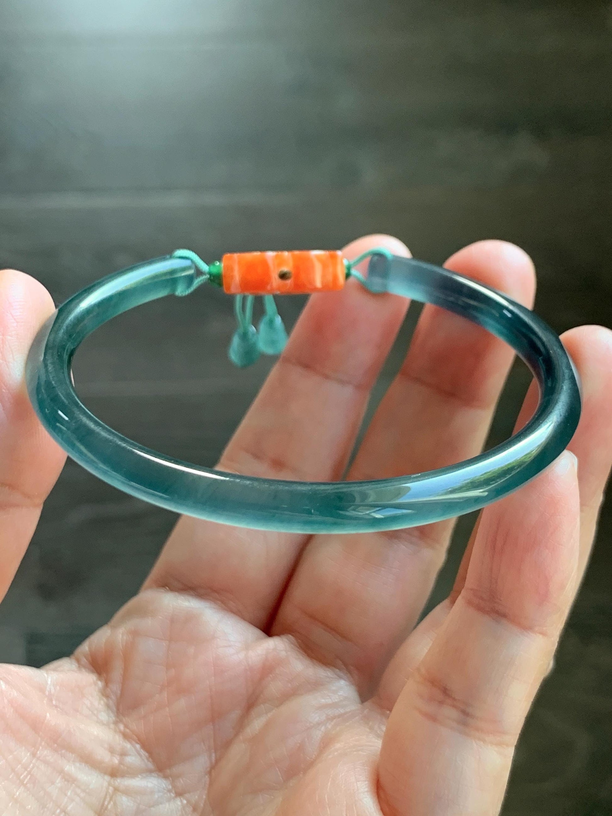 Certified Natural Grade A Guatemalan Icy Highly Translucent Dark Teal Blue Jade Jadeite Bangle Bracelet 59.9mm 7.4” 18g 天然冰胶危篮绿翡翠开口手镯 604