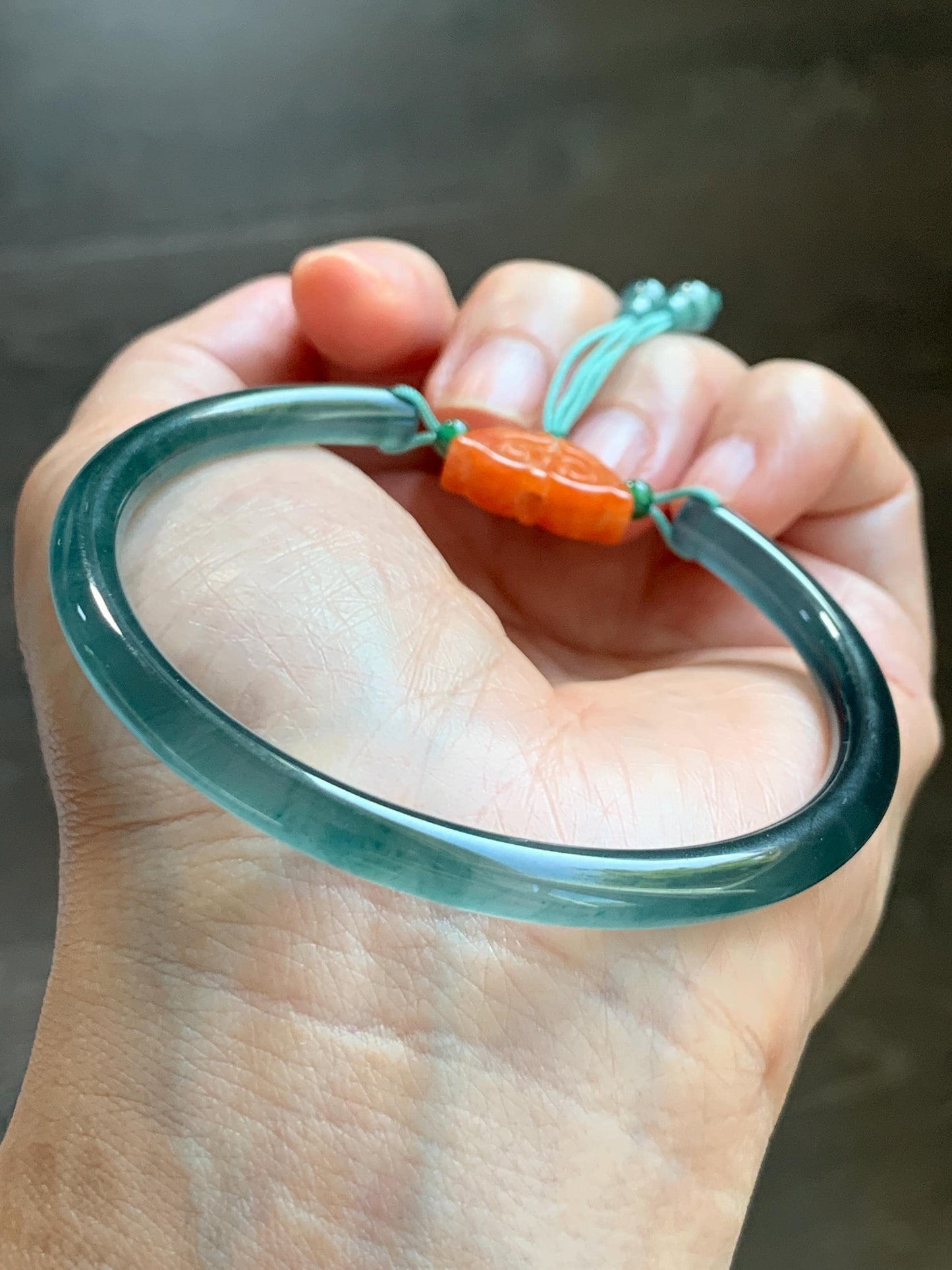 Certified Natural Grade A Guatemalan Icy Highly Translucent Dark Teal Blue Jade Jadeite Bangle Bracelet 59.9mm 7.4” 18g 天然冰胶危篮绿翡翠开口手镯 604