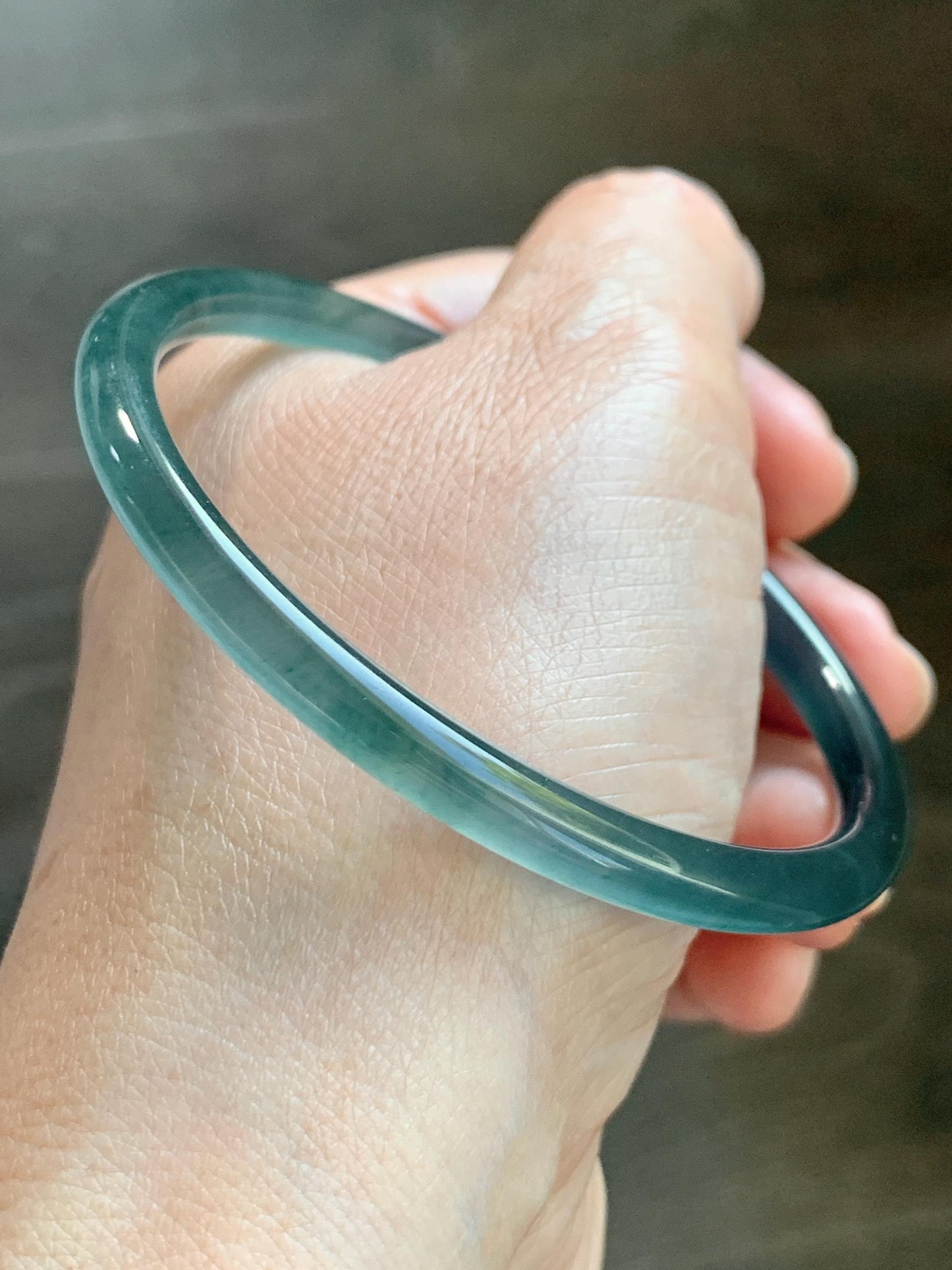 Certified Natural Grade A Guatemalan Icy Highly Translucent Dark Teal Blue Jade Jadeite Bangle Bracelet 59.9mm 7.4” 18g 天然冰胶危篮绿翡翠开口手镯 604