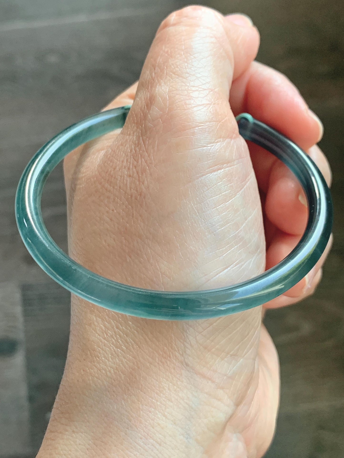 Certified Natural Grade A Guatemalan Icy Highly Translucent Dark Teal Blue Jade Jadeite Bangle Bracelet 59.9mm 7.4” 18g 天然冰胶危篮绿翡翠开口手镯 604