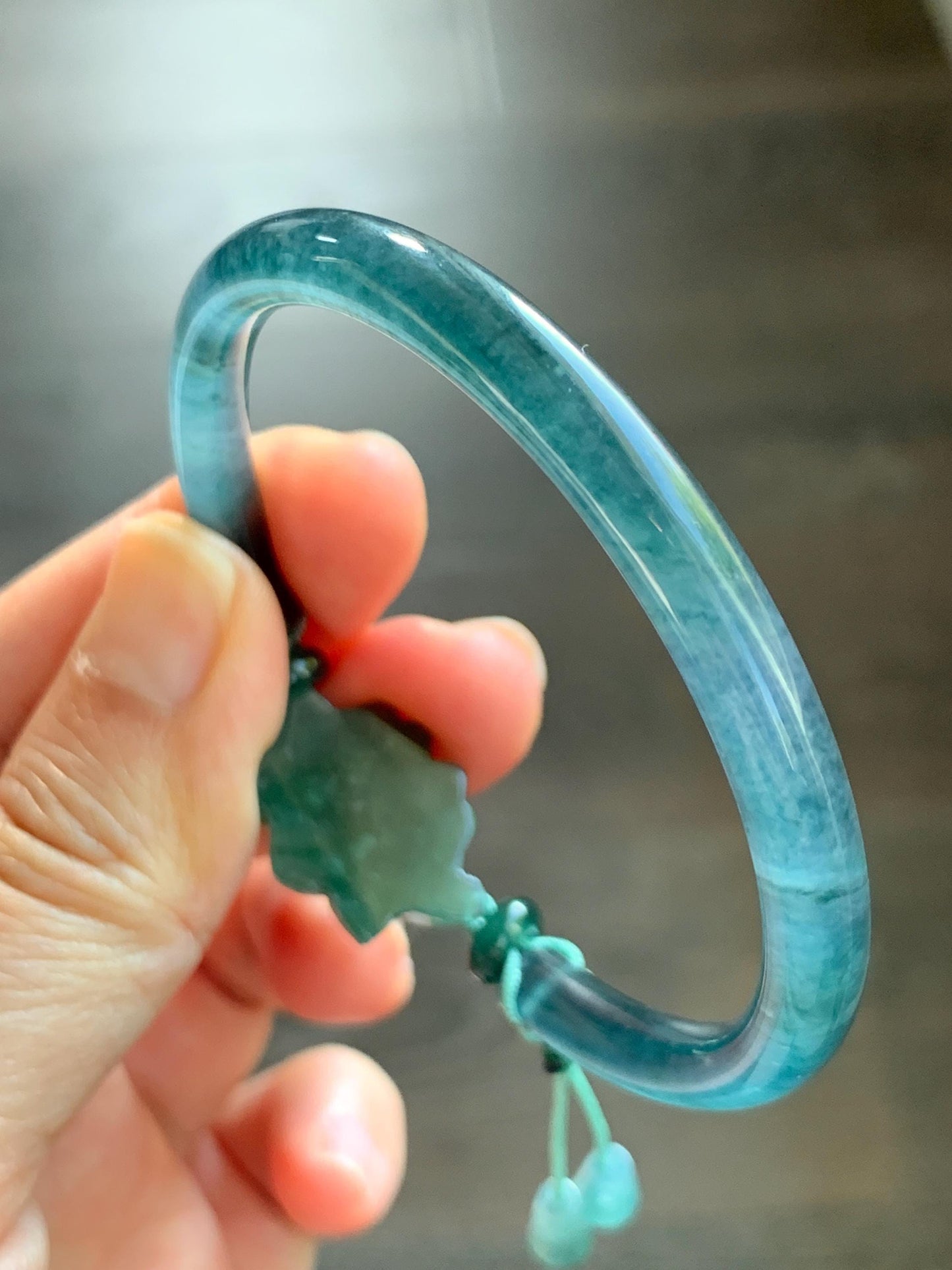 Certified Natural Grade A Guatemalan Icy Highly Translucent Dark Aegean Blue Jade Jadeite Bangle Bracelet 53.8mm 6.65” 17g 天然冰胶危牛仔蓝翡翠开口手镯605