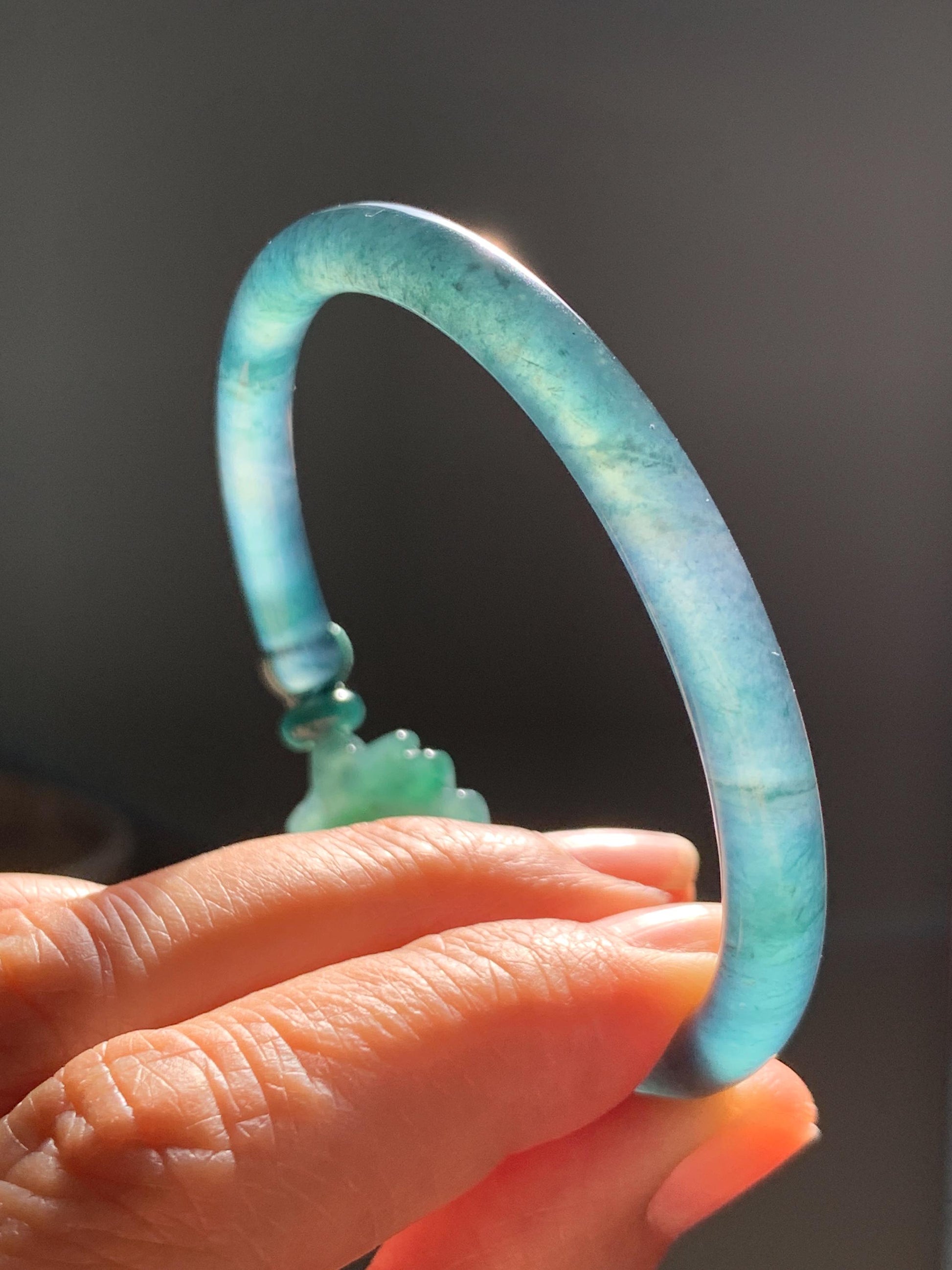 Certified Natural Grade A Guatemalan Icy Highly Translucent Dark Aegean Blue Jade Jadeite Bangle Bracelet 53.8mm 6.65” 17g 天然冰胶危牛仔蓝翡翠开口手镯605
