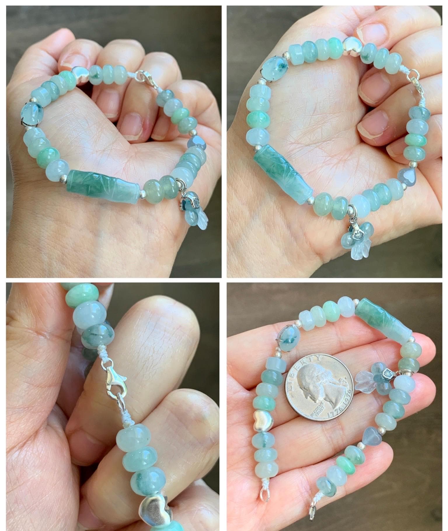 Natural Grade A Icy Translucent Multicolored Jade Jadeite Bamboo Charms & Drum Beads Beaded Bracelet Sterling Silver 7" 天然冰胶多宝翡翠鼓珠手串 MSJ336
