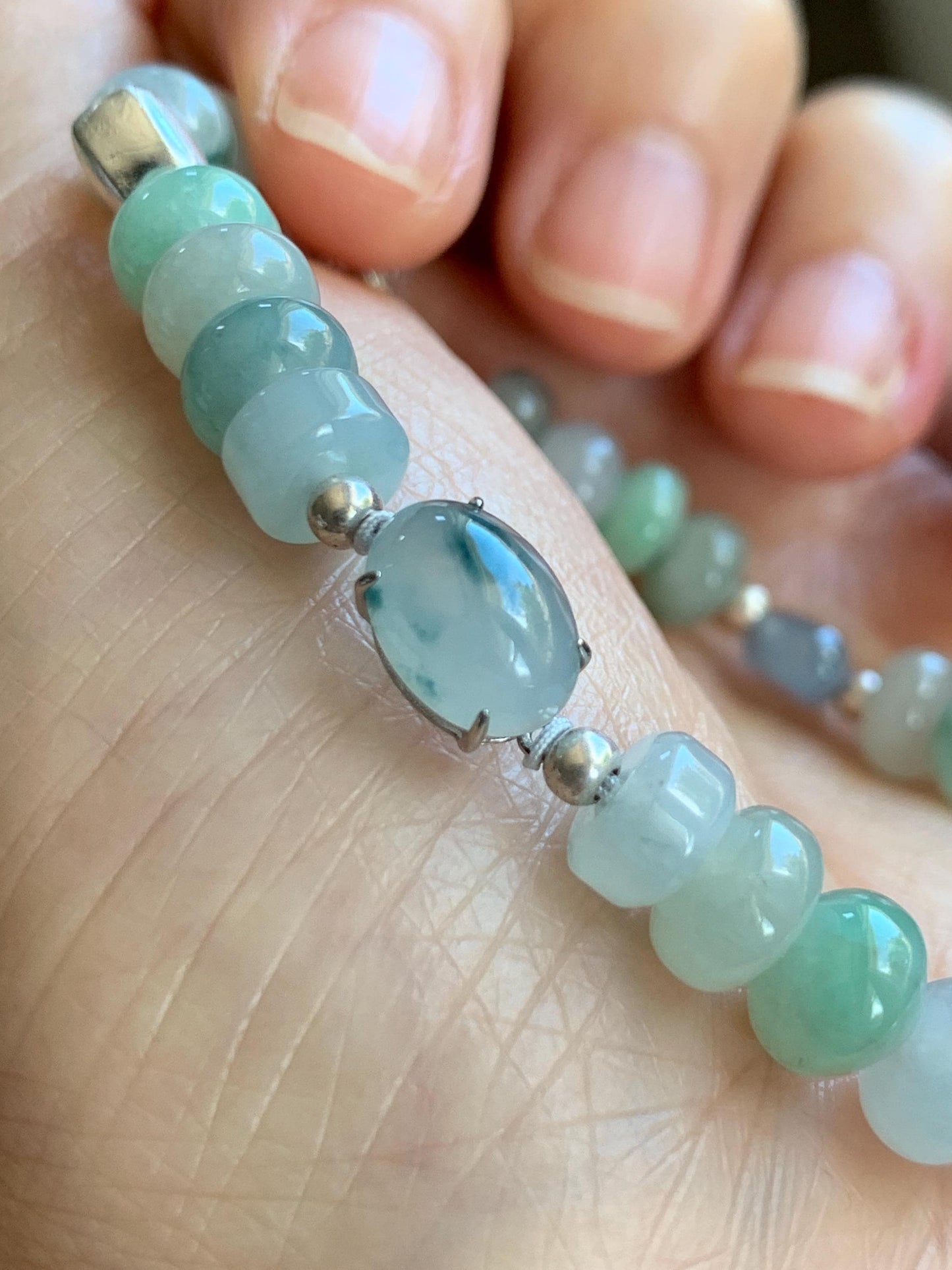 Natural Grade A Icy Translucent Multicolored Jade Jadeite Bamboo Charms & Drum Beads Beaded Bracelet Sterling Silver 7" 天然冰胶多宝翡翠鼓珠手串 MSJ336