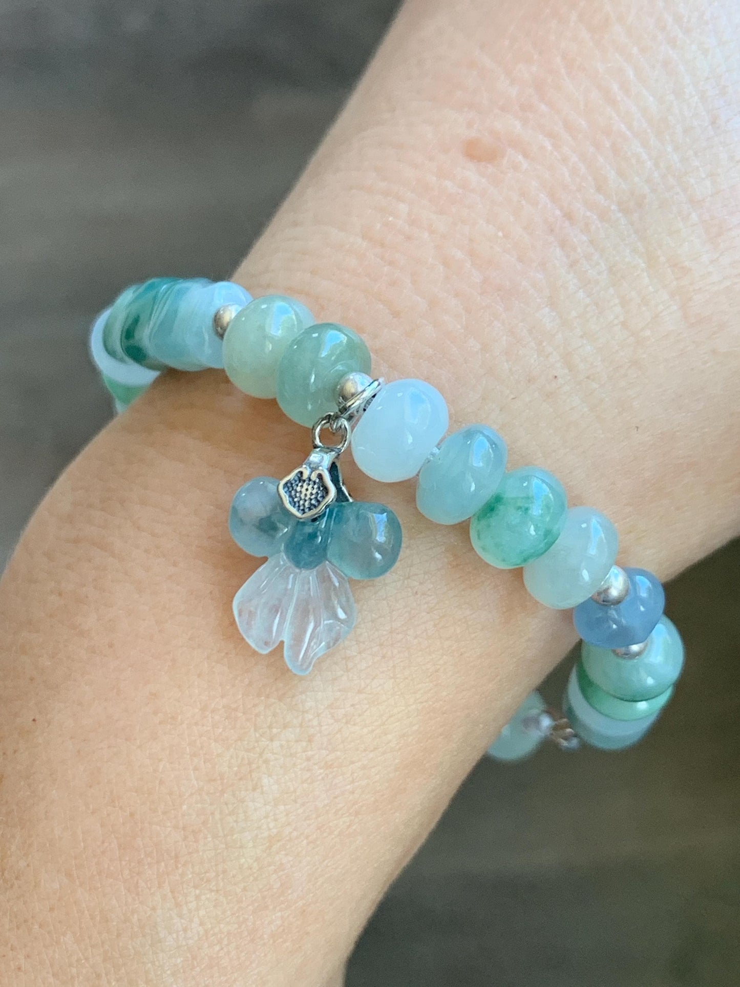 Natural Grade A Icy Translucent Multicolored Jade Jadeite Bamboo Charms & Drum Beads Beaded Bracelet Sterling Silver 7" 天然冰胶多宝翡翠鼓珠手串 MSJ336
