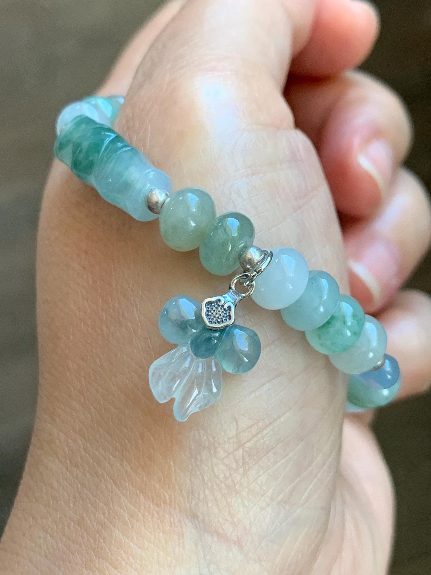Natural Grade A Icy Translucent Multicolored Jade Jadeite Bamboo Charms & Drum Beads Beaded Bracelet Sterling Silver 7" 天然冰胶多宝翡翠鼓珠手串 MSJ336
