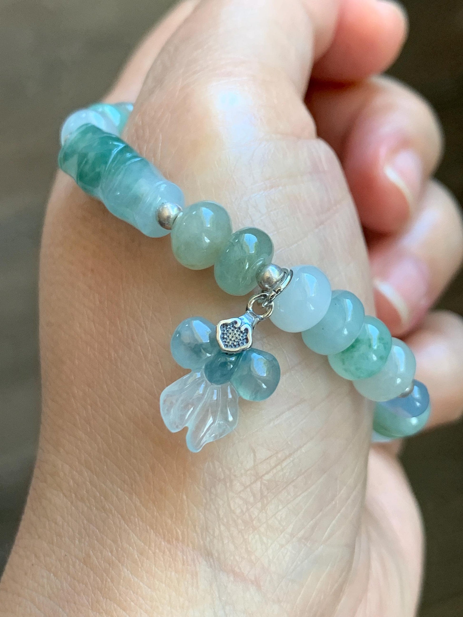 Natural Grade A Icy Translucent Multicolored Jade Jadeite Bamboo Charms & Drum Beads Beaded Bracelet Sterling Silver 7" 天然冰胶多宝翡翠鼓珠手串 MSJ336