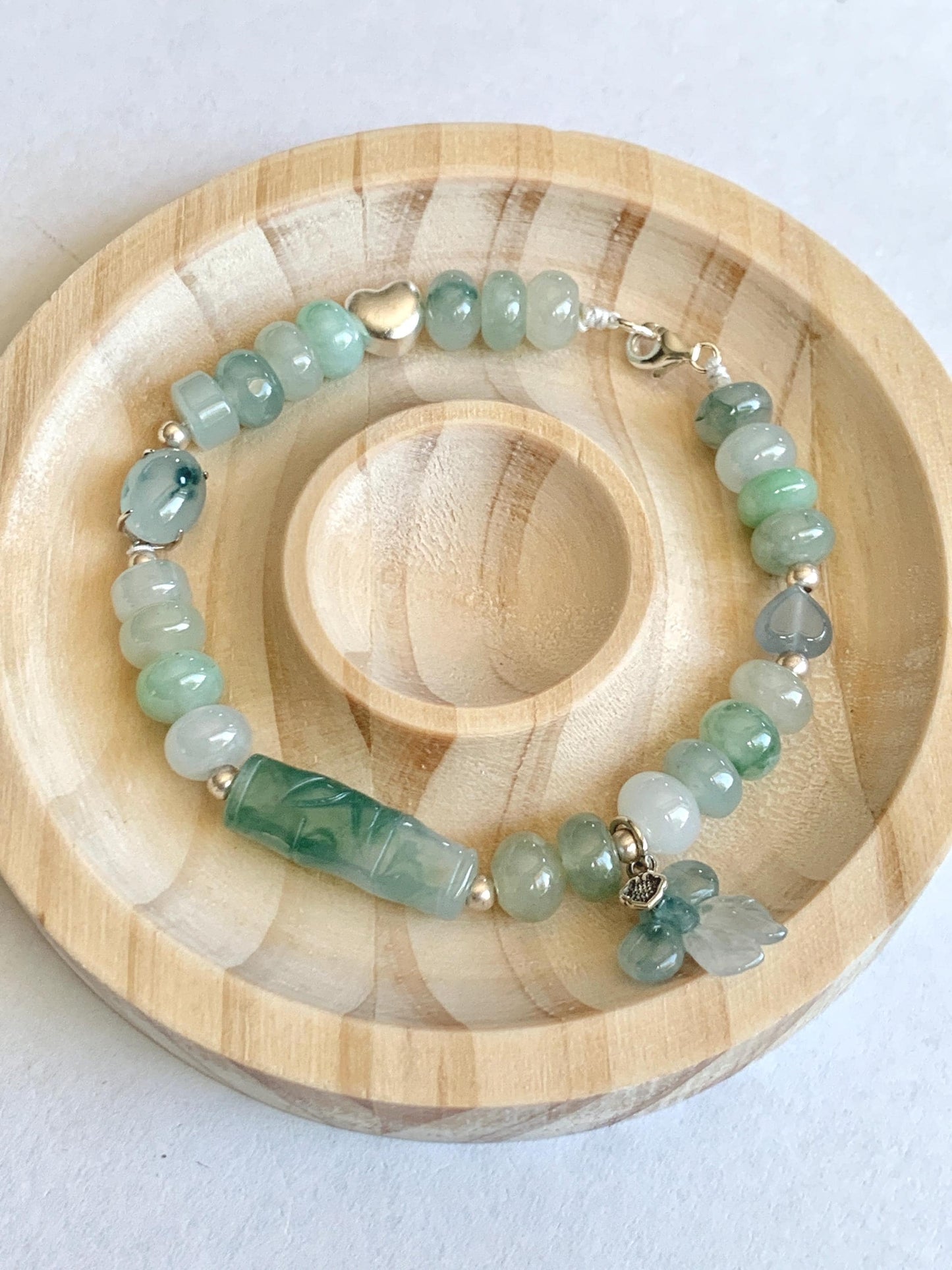 Natural Grade A Icy Translucent Multicolored Jade Jadeite Bamboo Charms & Drum Beads Beaded Bracelet Sterling Silver 7" 天然冰胶多宝翡翠鼓珠手串 MSJ336