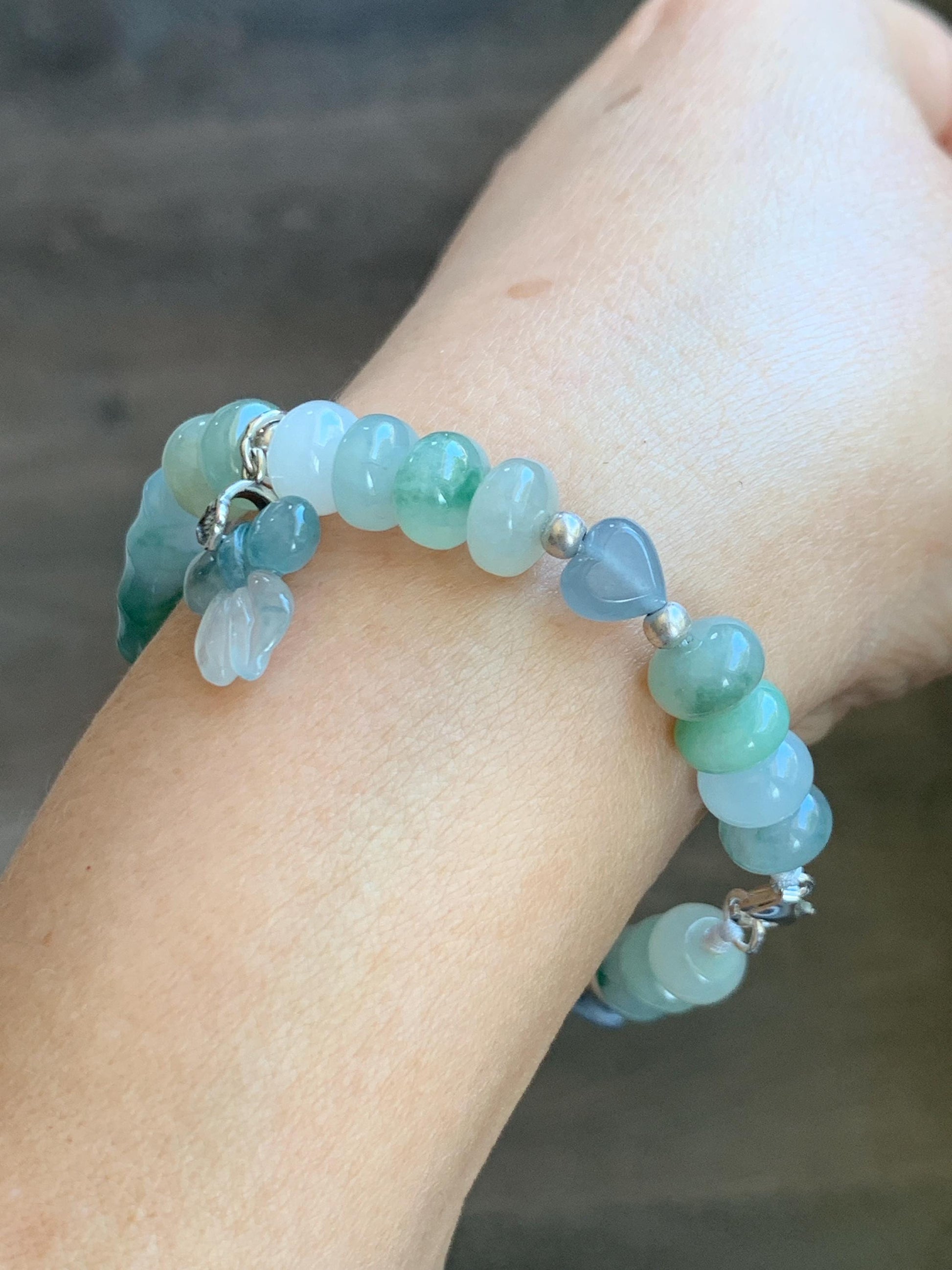 Natural Grade A Icy Translucent Multicolored Jade Jadeite Bamboo Charms & Drum Beads Beaded Bracelet Sterling Silver 7" 天然冰胶多宝翡翠鼓珠手串 MSJ336