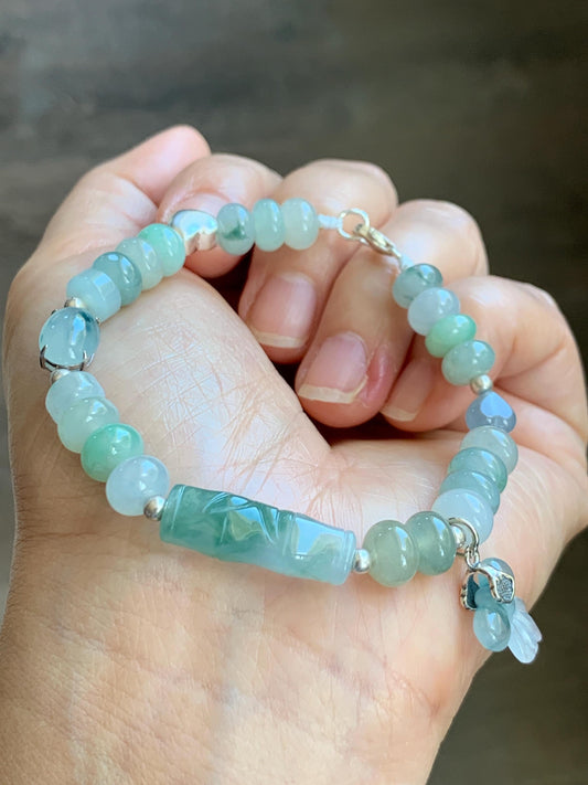 Natural Grade A Icy Translucent Multicolored Jade Jadeite Bamboo Charms & Drum Beads Beaded Bracelet Sterling Silver 7" 天然冰胶多宝翡翠鼓珠手串 MSJ336