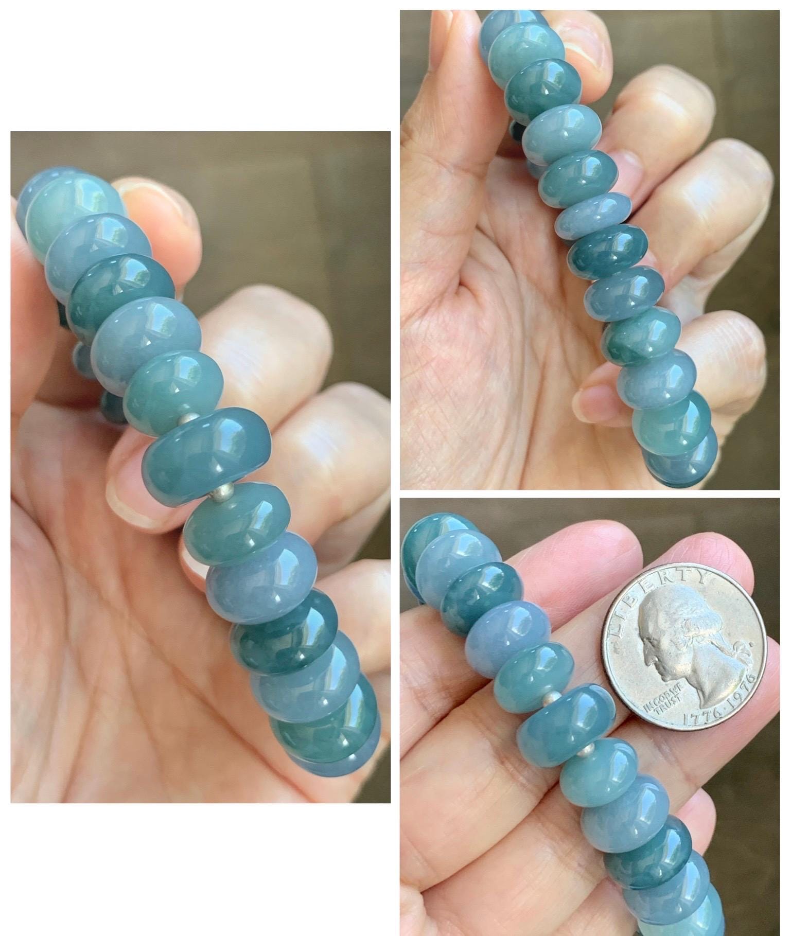 Natural Grade A Guatemalan Icy Translucent Multicolored Blue Jade Jadeite Jumbo Drum Beads Beaded Bracelet 6.5” 58g 天然冰危蓝水多宝翡翠大鼓珠手串 WZB425