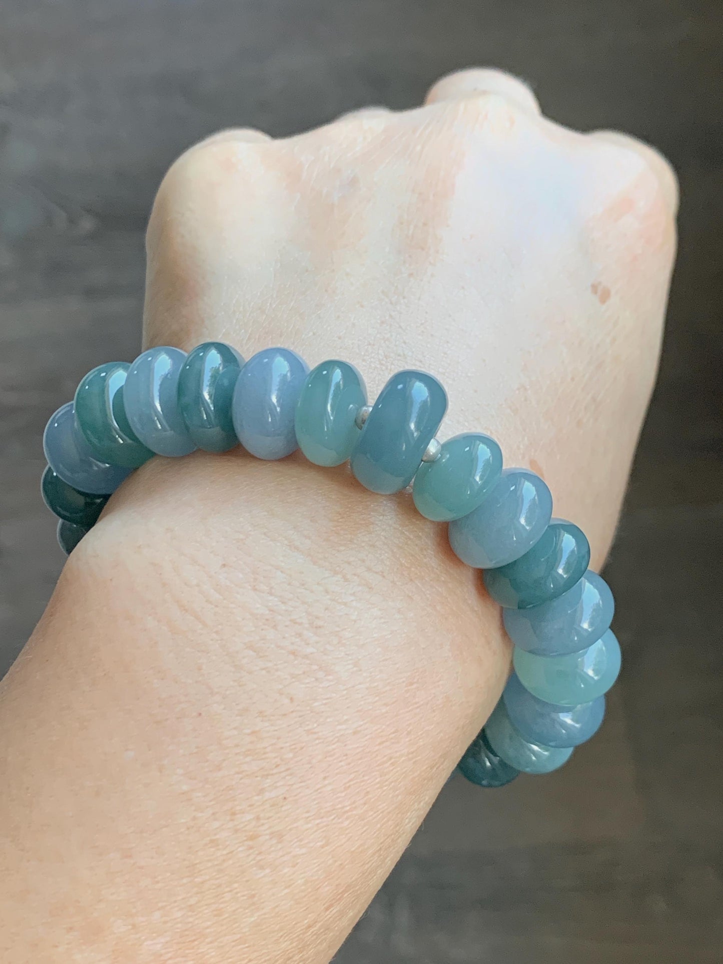 Natural Grade A Guatemalan Icy Translucent Multicolored Blue Jade Jadeite Jumbo Drum Beads Beaded Bracelet 6.5” 58g 天然冰危蓝水多宝翡翠大鼓珠手串 WZB425