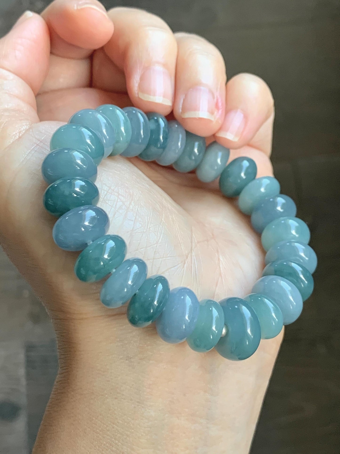 Natural Grade A Guatemalan Icy Translucent Multicolored Blue Jade Jadeite Jumbo Drum Beads Beaded Bracelet 6.5” 58g 天然冰危蓝水多宝翡翠大鼓珠手串 WZB425